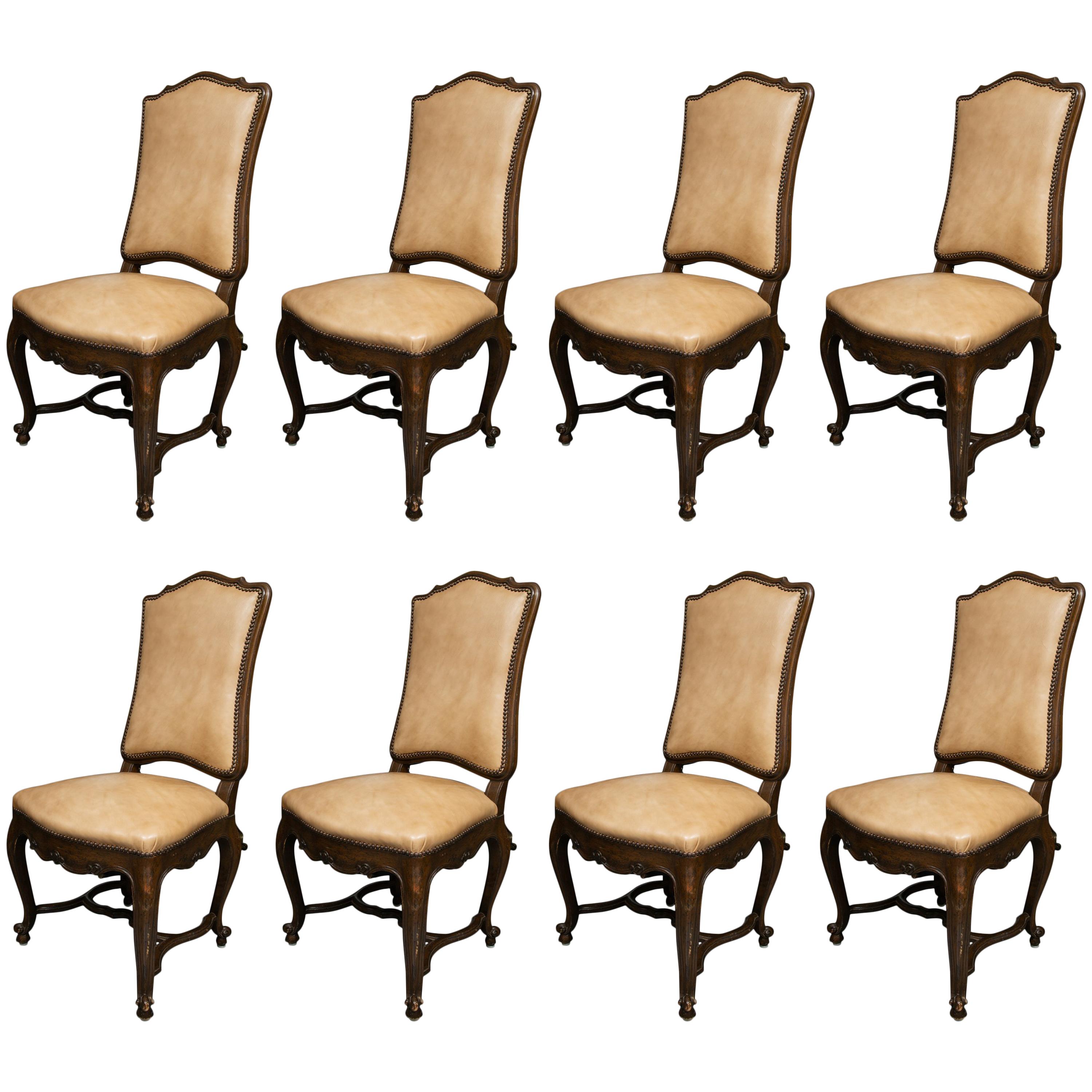 Set of Eight Walnut French Louis XV Style Upholstered Dining Side Chairs