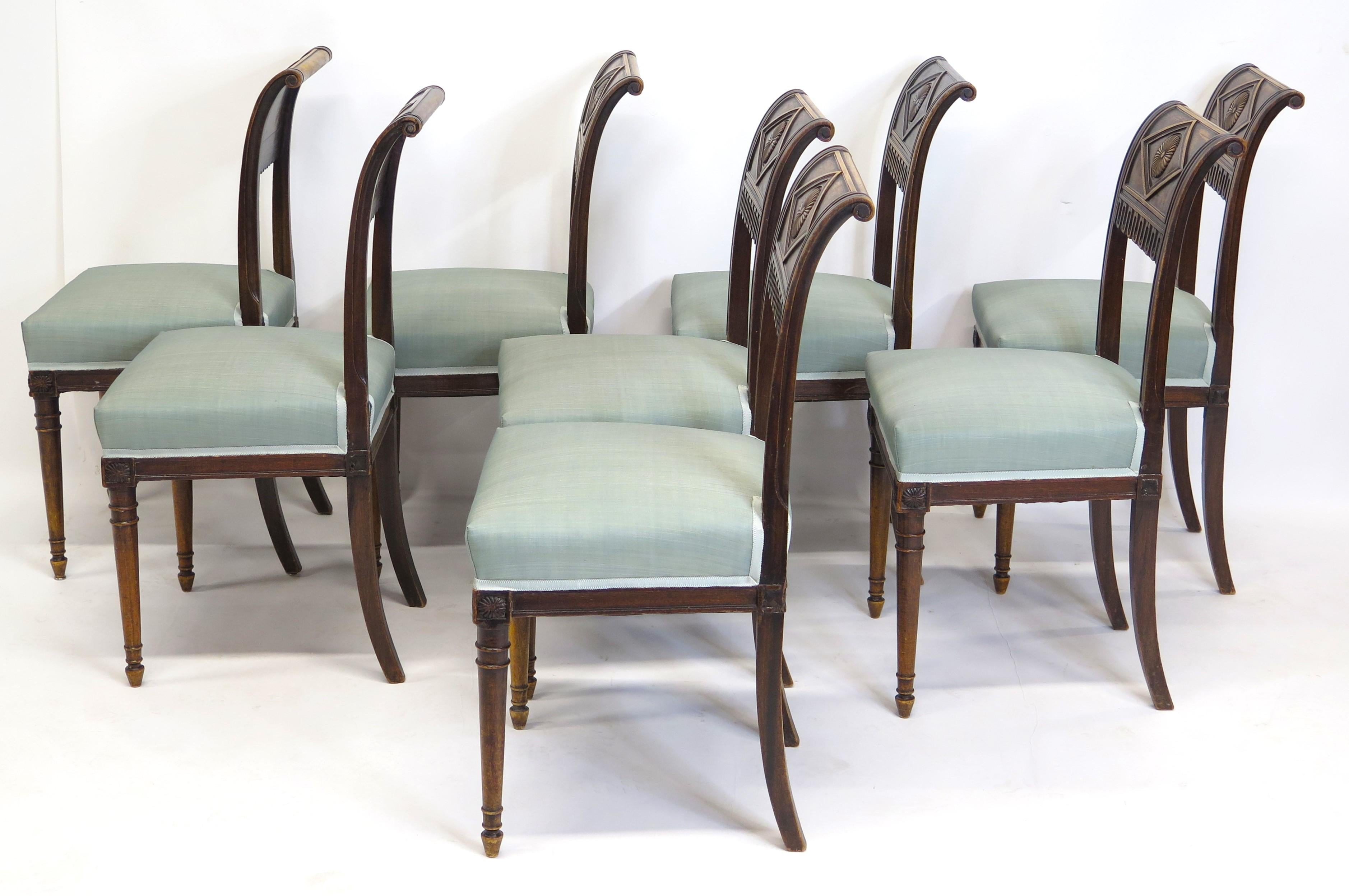 Hand-Carved Set of Eight Walnut Neoclassical Chairs Style of Henri Jacob
