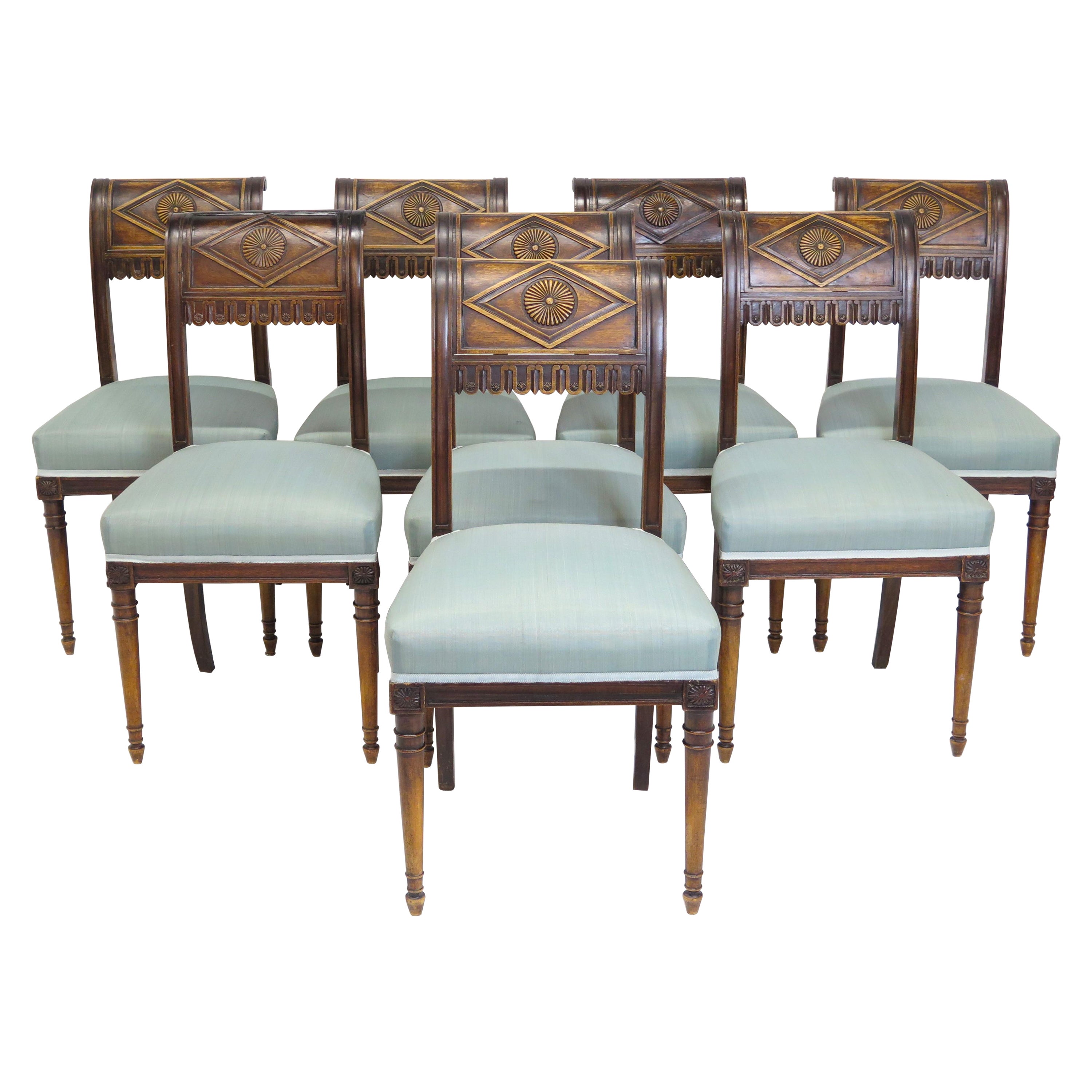 Set of Eight Walnut Neoclassical Chairs Style of Henri Jacob