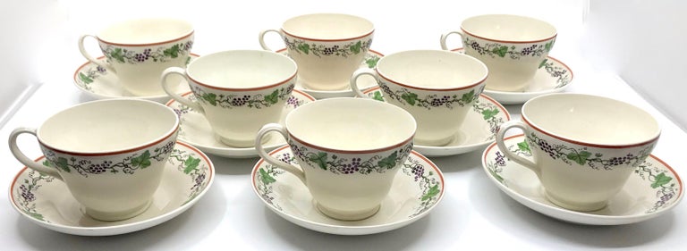 English Set of Eight Wedgwood Creamware Grape Leaf Cups and Saucers For Sale