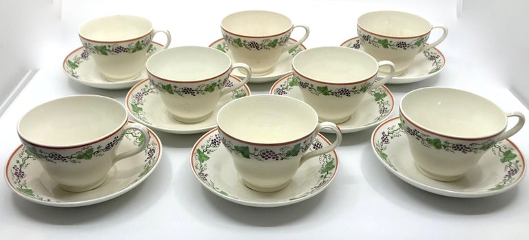 Hand-Painted Set of Eight Wedgwood Creamware Grape Leaf Cups and Saucers For Sale
