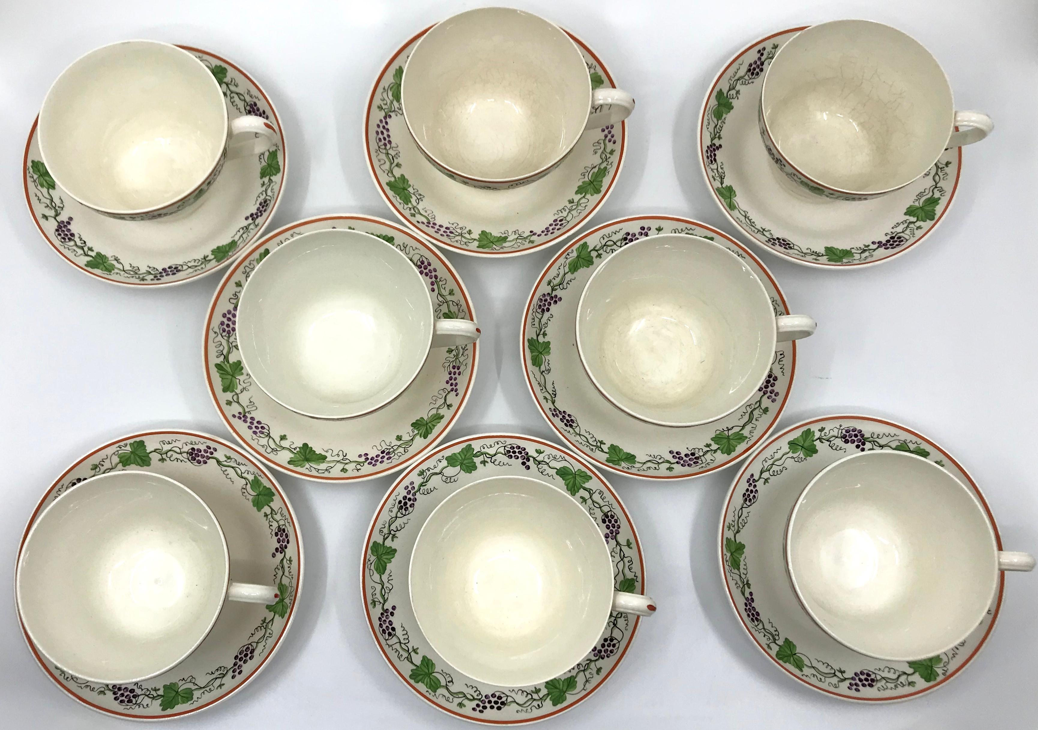 Set of Eight Wedgwood Creamware Grape Leaf Cups and Saucers For