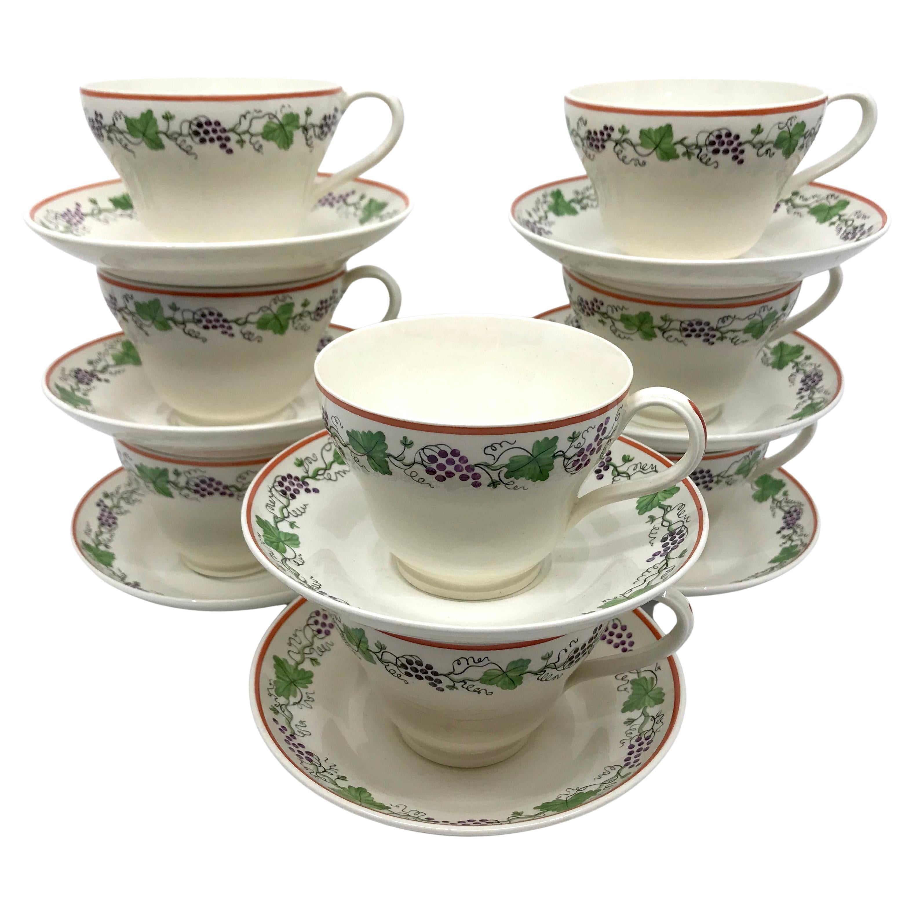 Set of Eight Wedgwood Creamware Grape Leaf Cups and Saucers