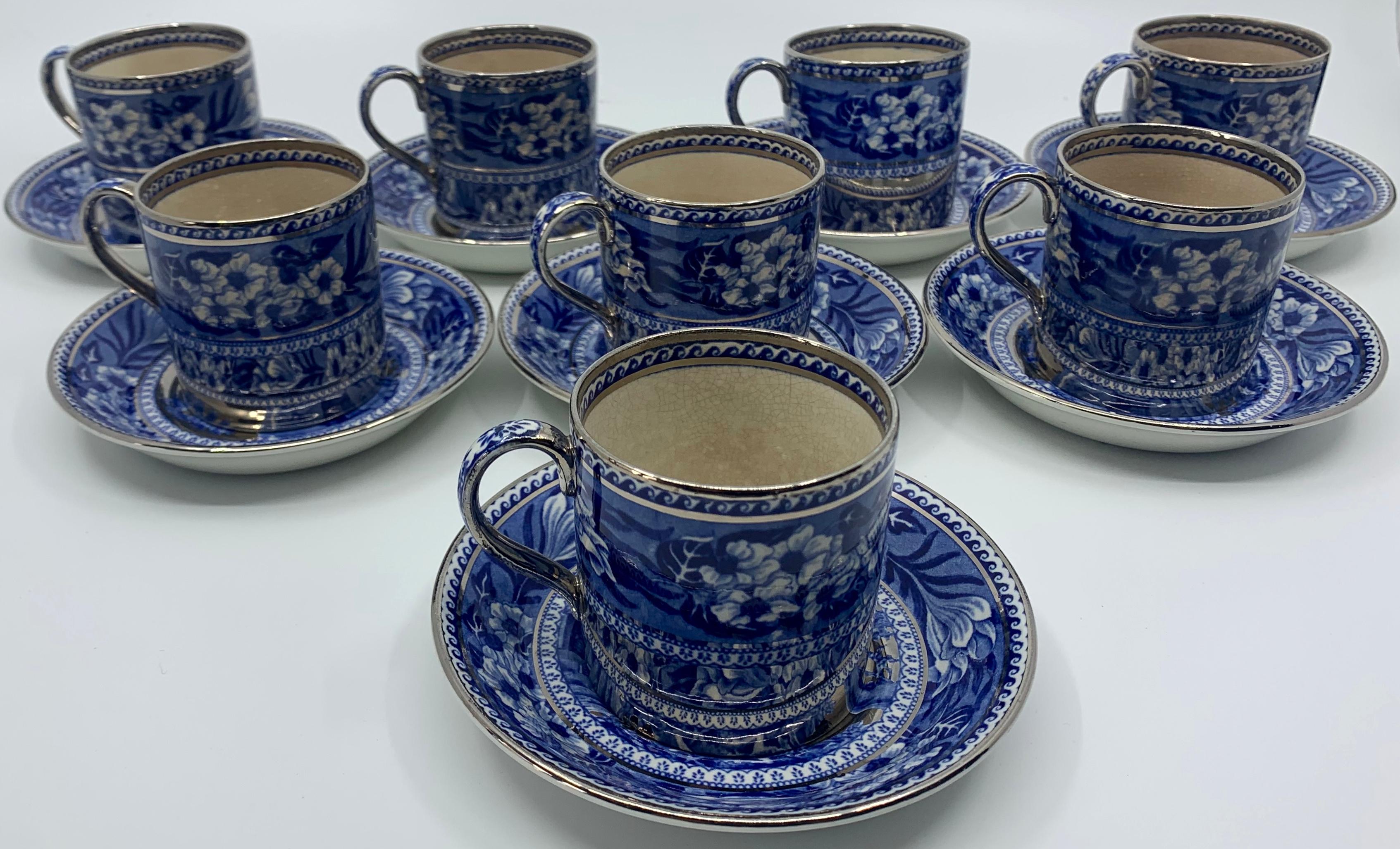 Art Deco Set of Eight Wedgwood Platinum and Blue Reindeer Espresso Cups and Saucers For Sale