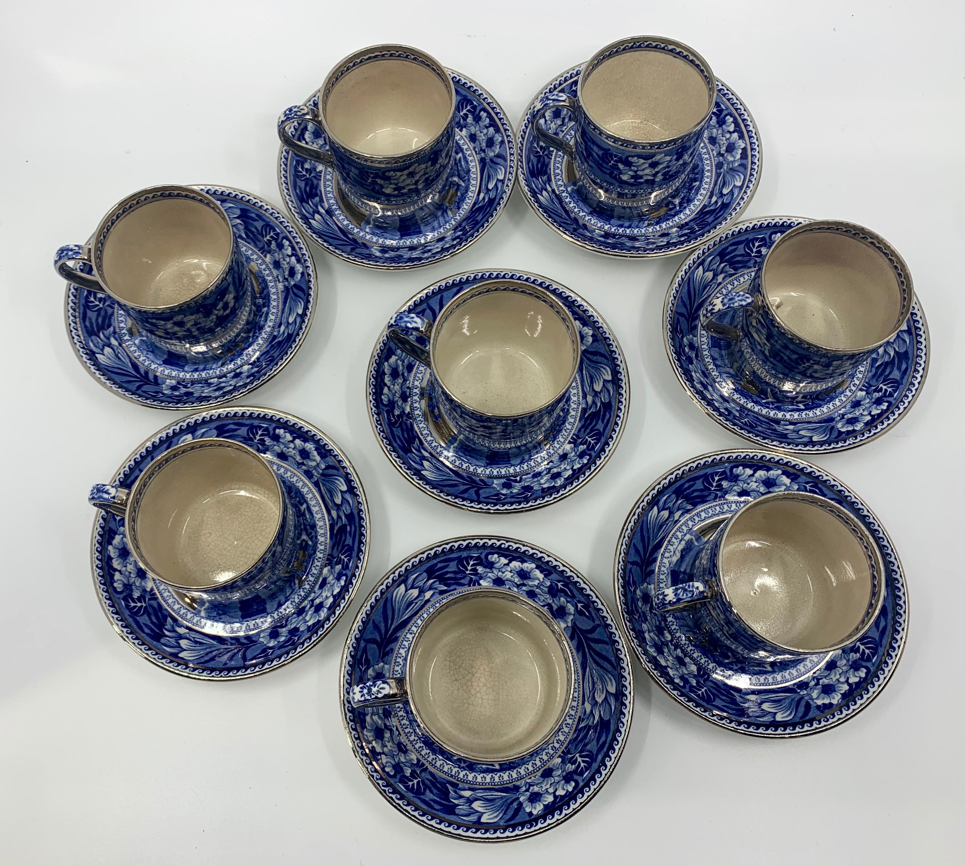 English Set of Eight Wedgwood Platinum and Blue Reindeer Espresso Cups and Saucers For Sale