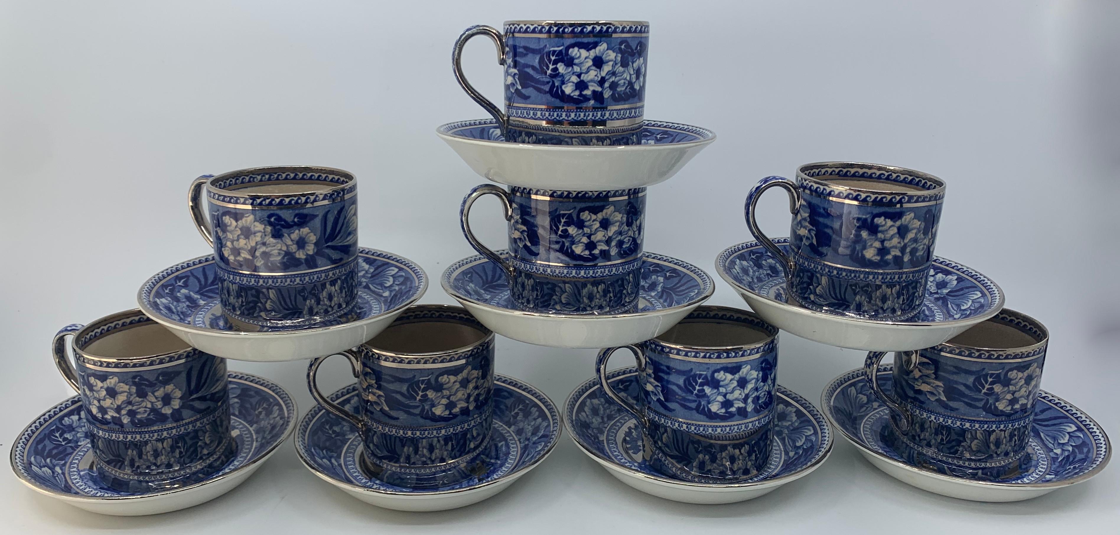 Set of Eight Wedgwood Platinum and Blue Reindeer Espresso Cups and Saucers In Good Condition For Sale In New York, NY