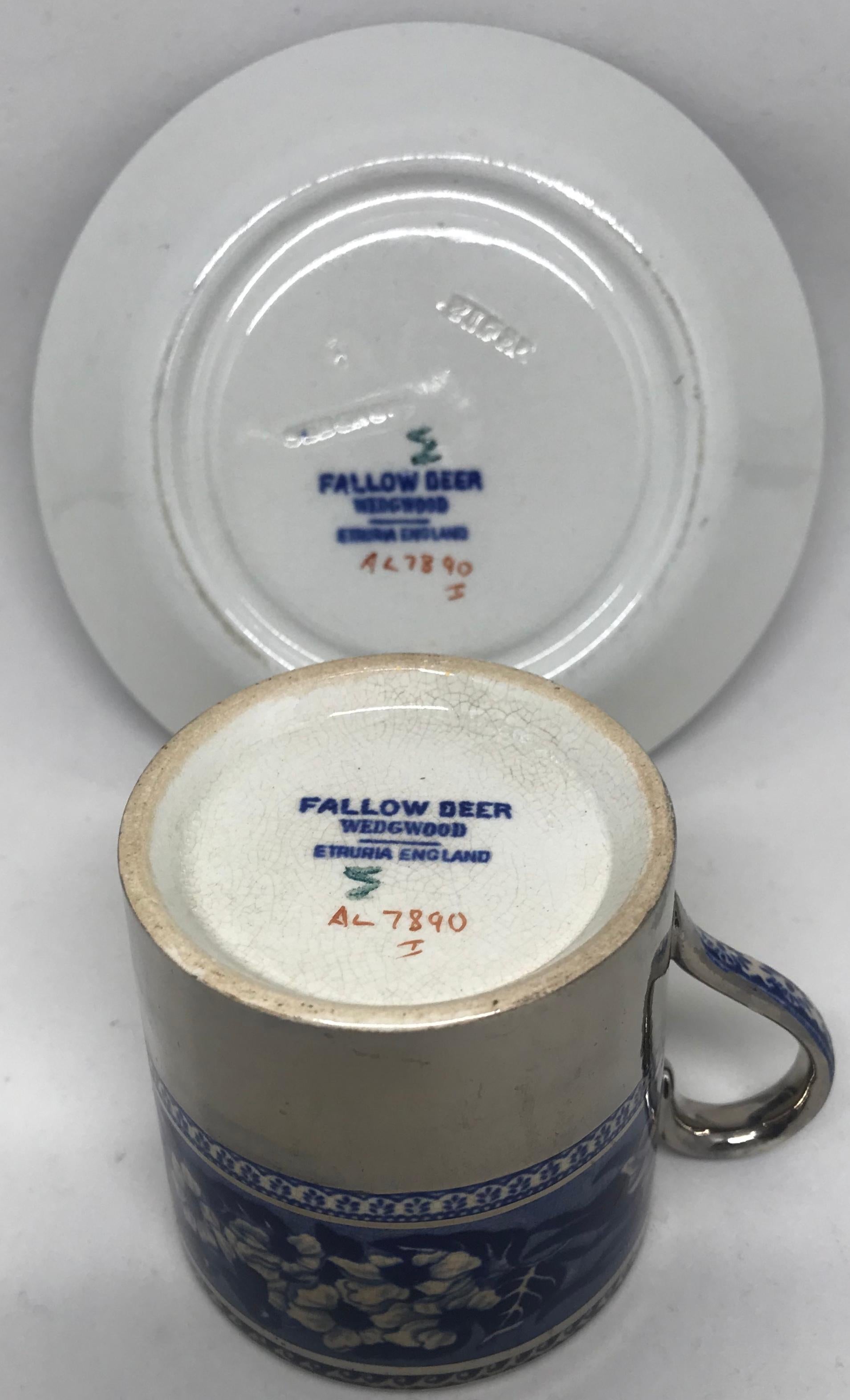 20th Century Set of Eight Wedgwood Platinum and Blue Reindeer Espresso Cups and Saucers For Sale