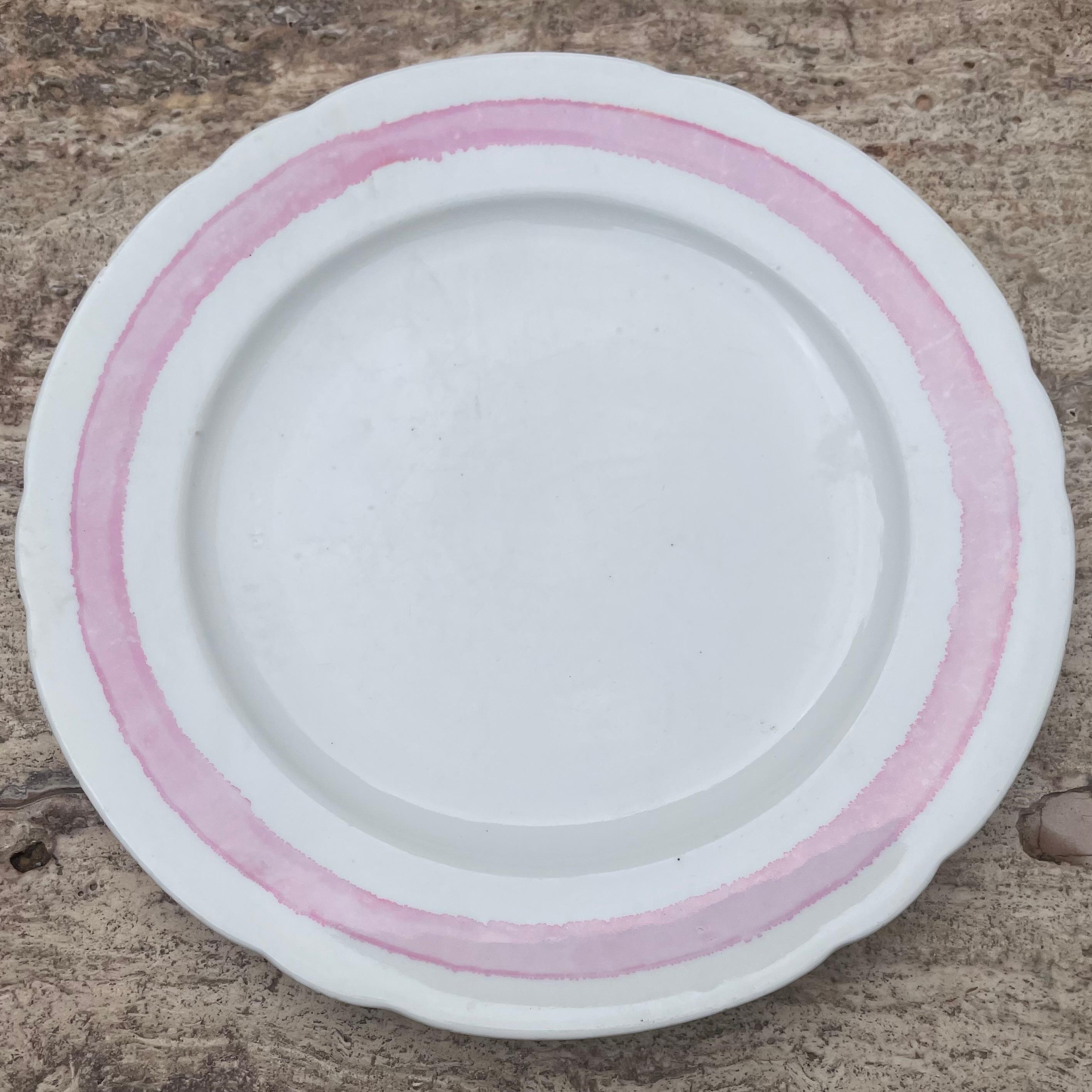 Set of Eight White and Pink Banded Plates For Sale 3