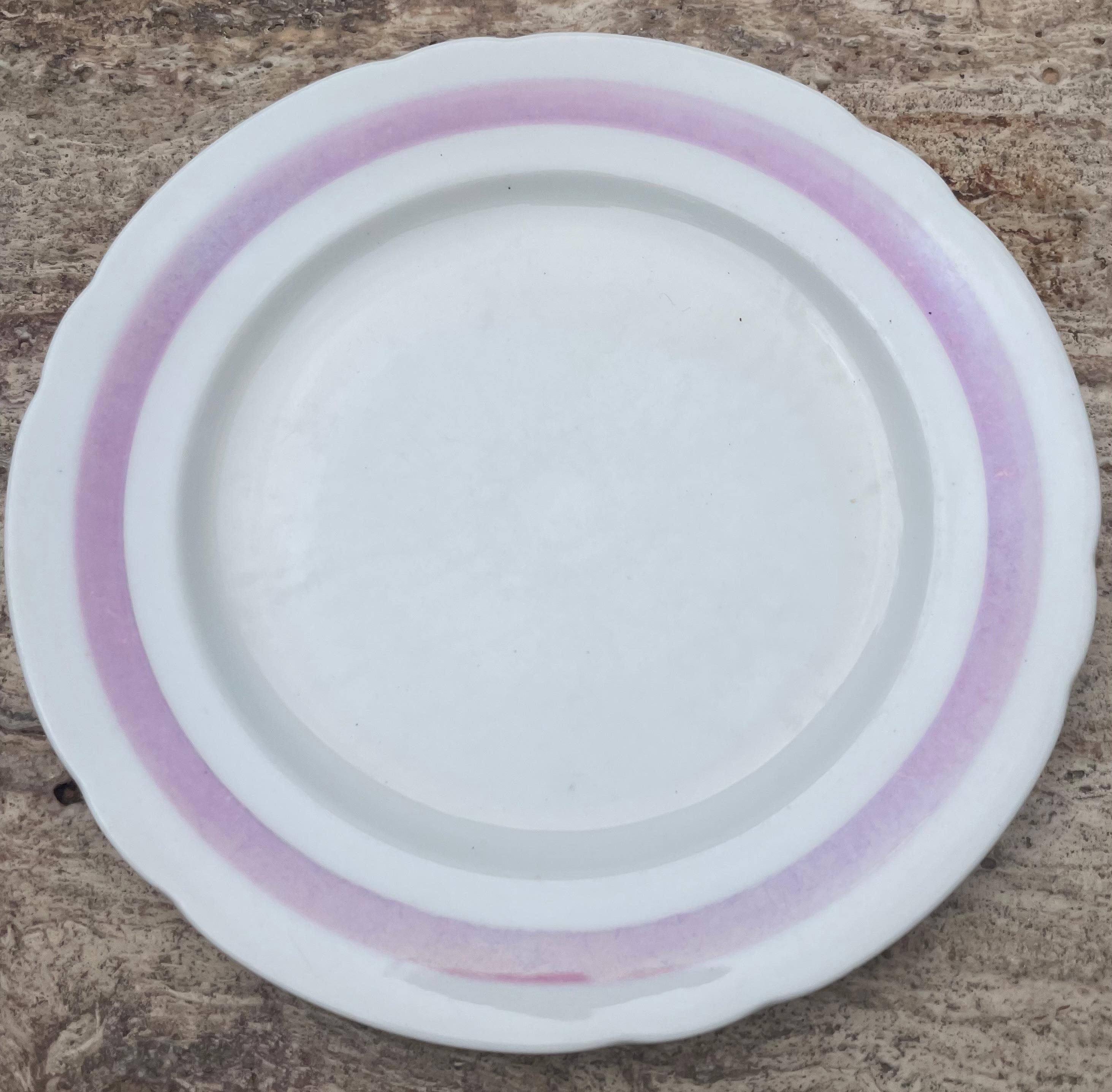 Set von acht weißen und rosa gebänderten Tellern im Angebot 2