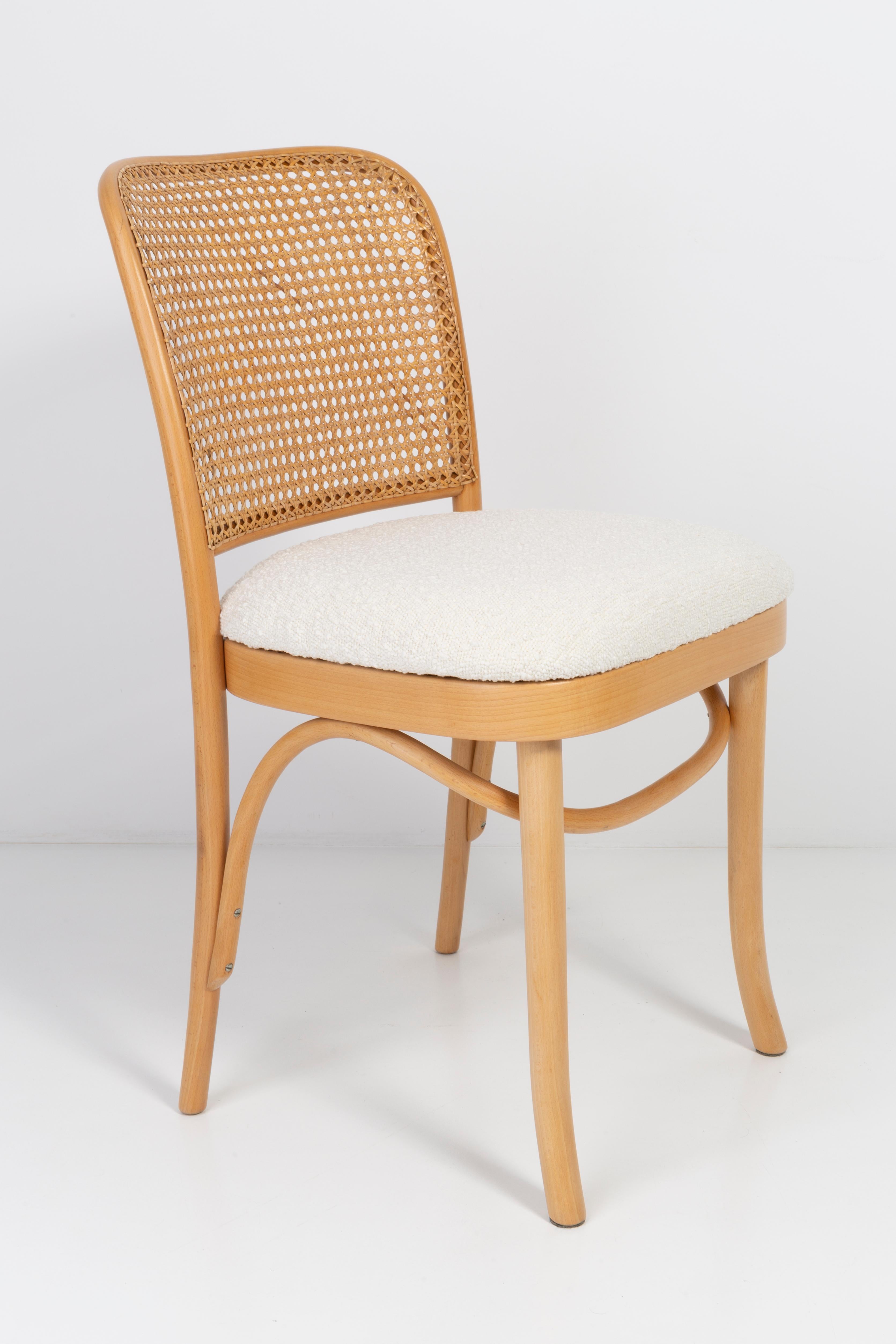 Velvet Set of Eight White Boucle Thonet Wood Rattan Chairs, 1960s For Sale
