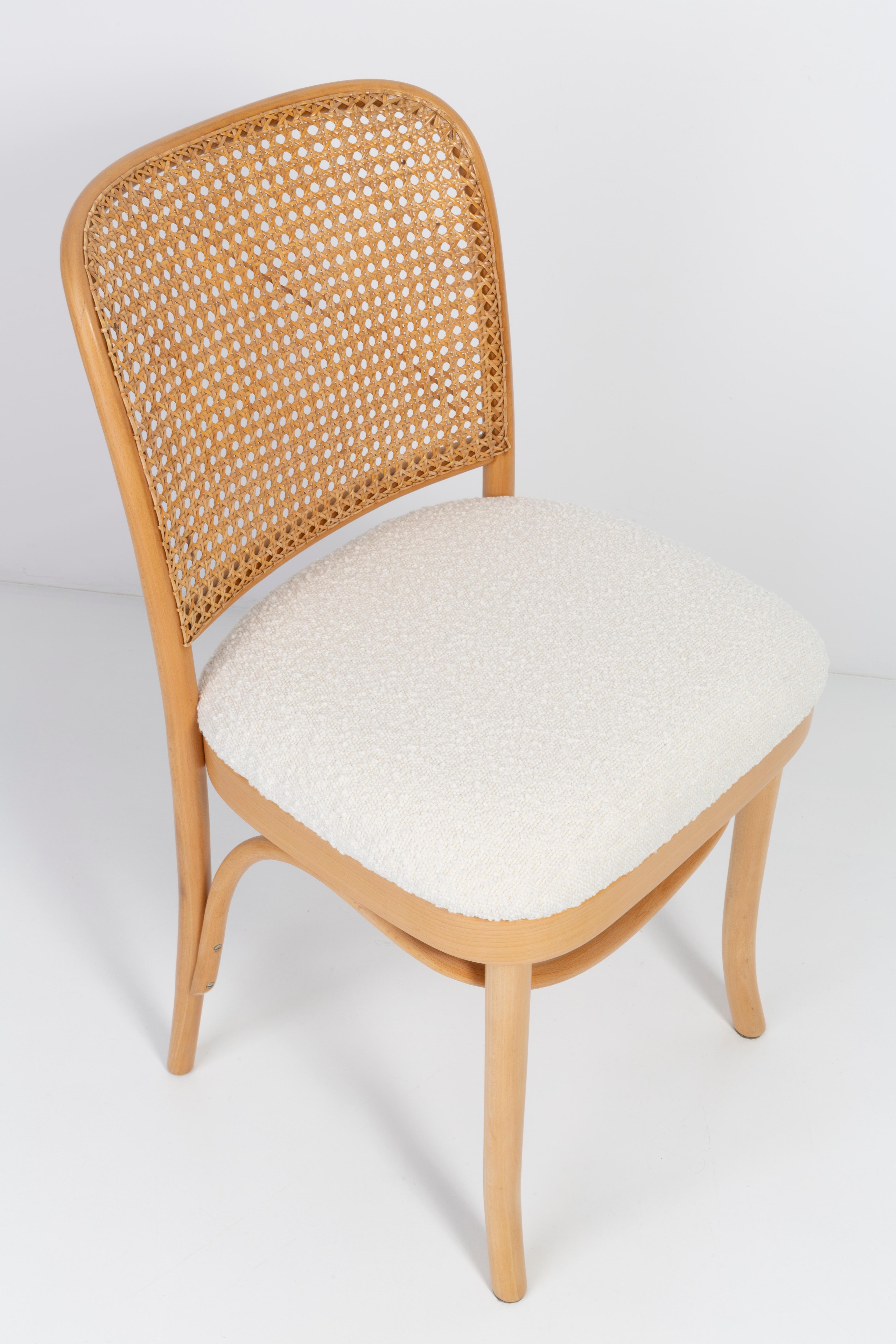 Set of Eight White Boucle Thonet Wood Rattan Chairs, 1960s For Sale 1