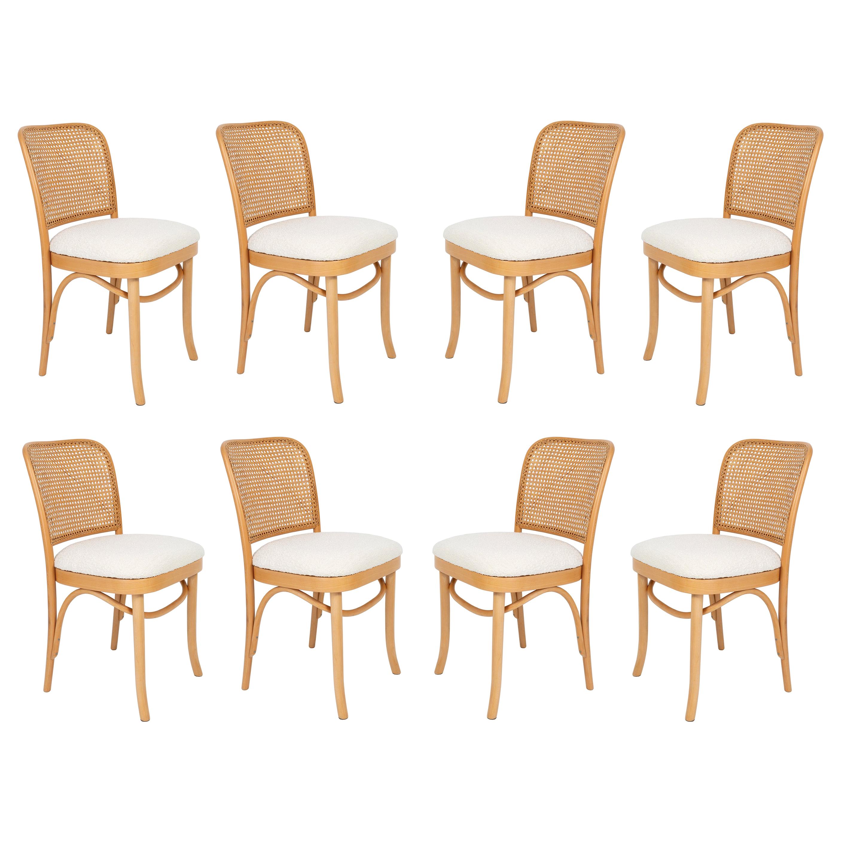Set of Eight White Boucle Thonet Wood Rattan Chairs, 1960s For Sale