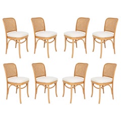 Set of Eight White Boucle Thonet Wood Rattan Chairs, 1960s