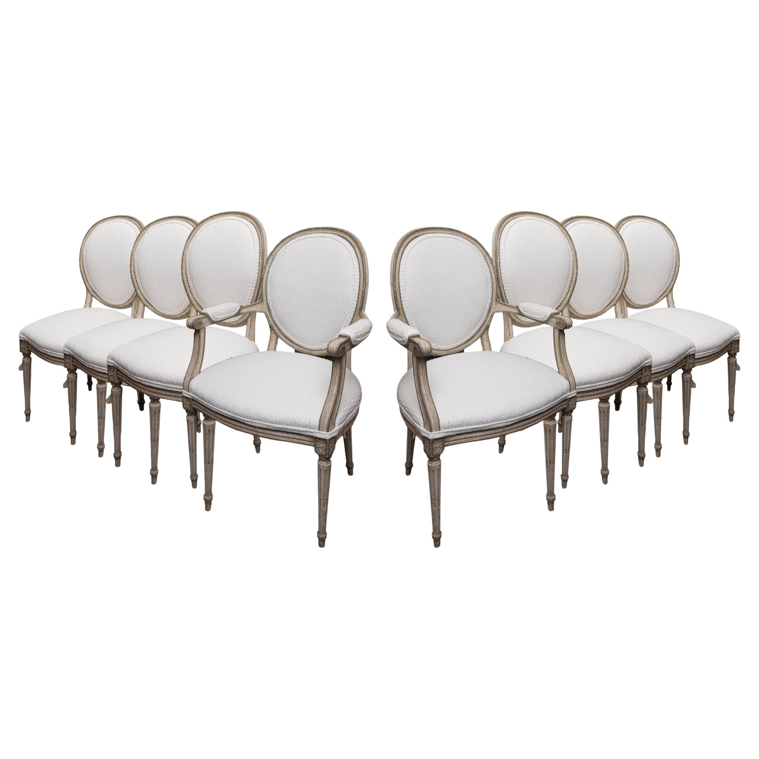 Set of Eight White-Painted French Louis XVI Style Dining Chairs For Sale