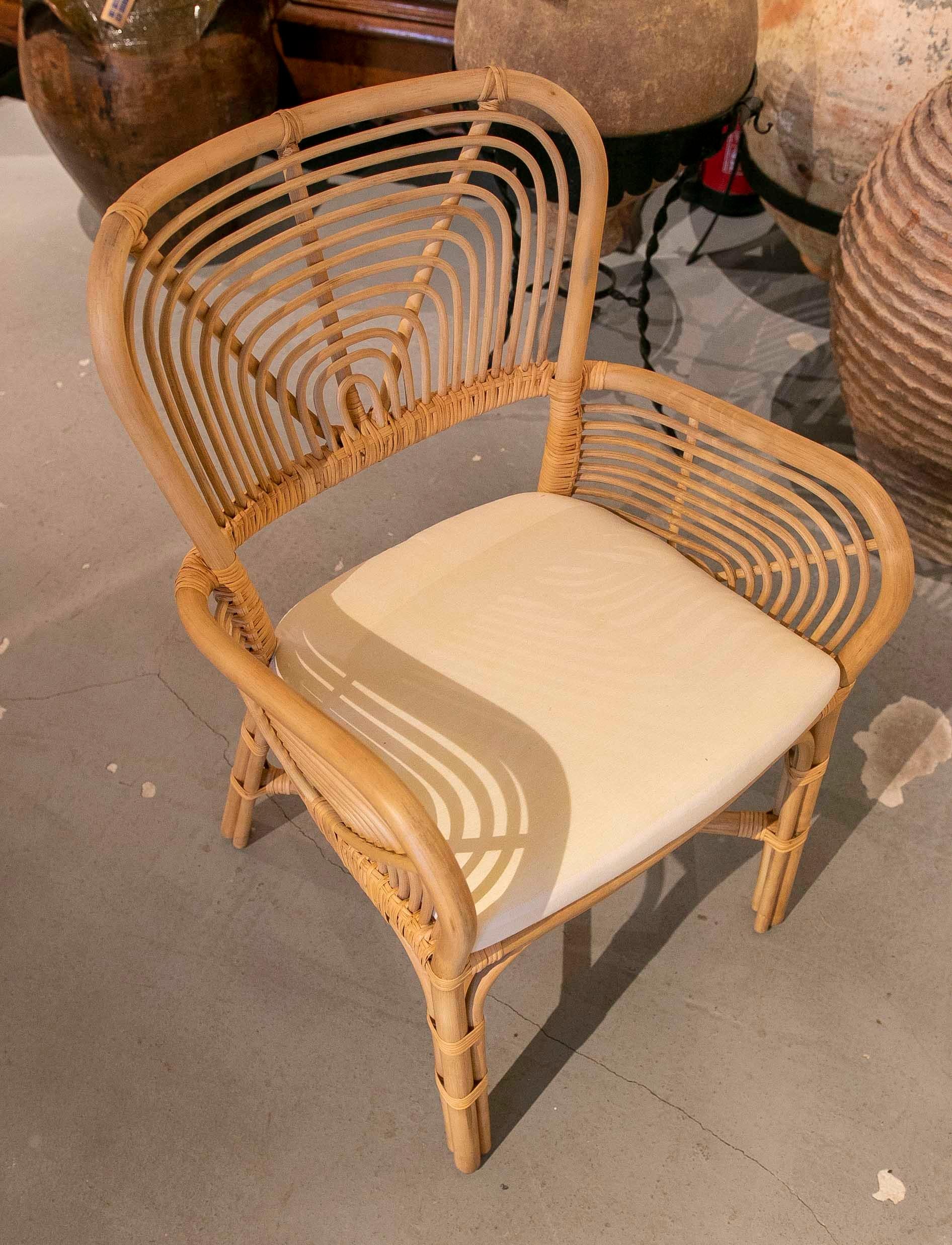Set of Eight Wicker Armchairs with White Upholstered Seats For Sale 8