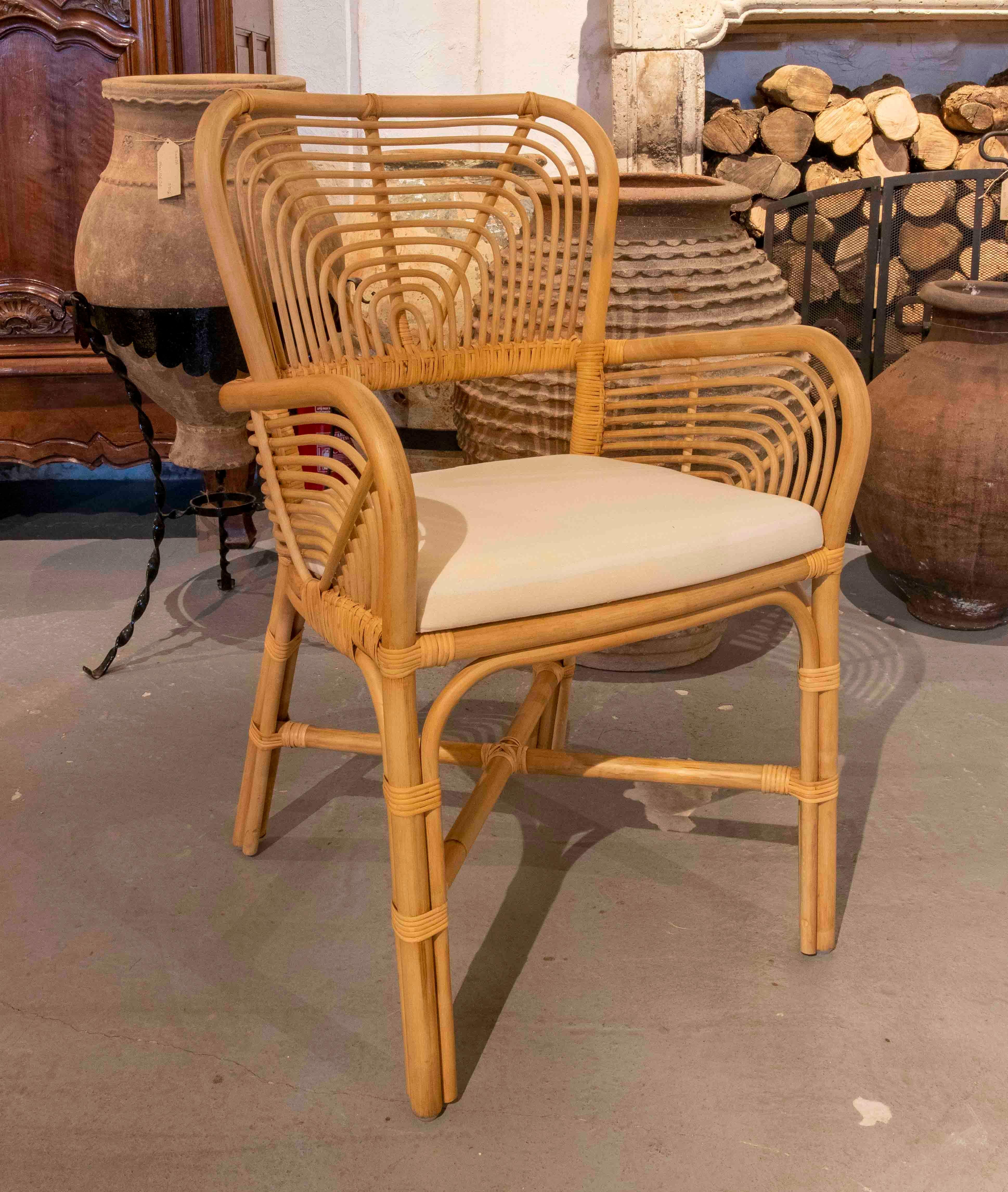 European Set of Eight Wicker Armchairs with White Upholstered Seats For Sale