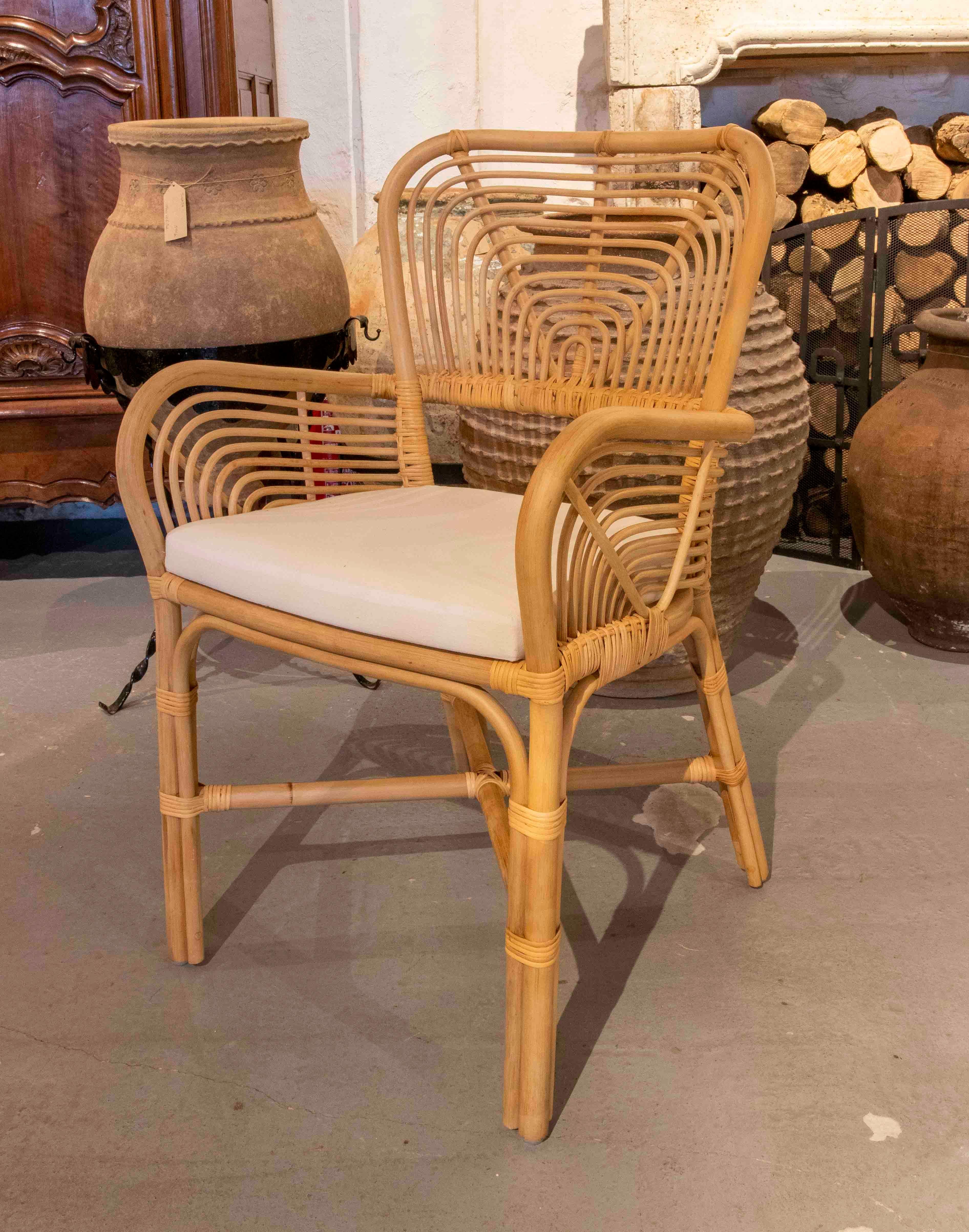 Contemporary Set of Eight Wicker Armchairs with White Upholstered Seats For Sale