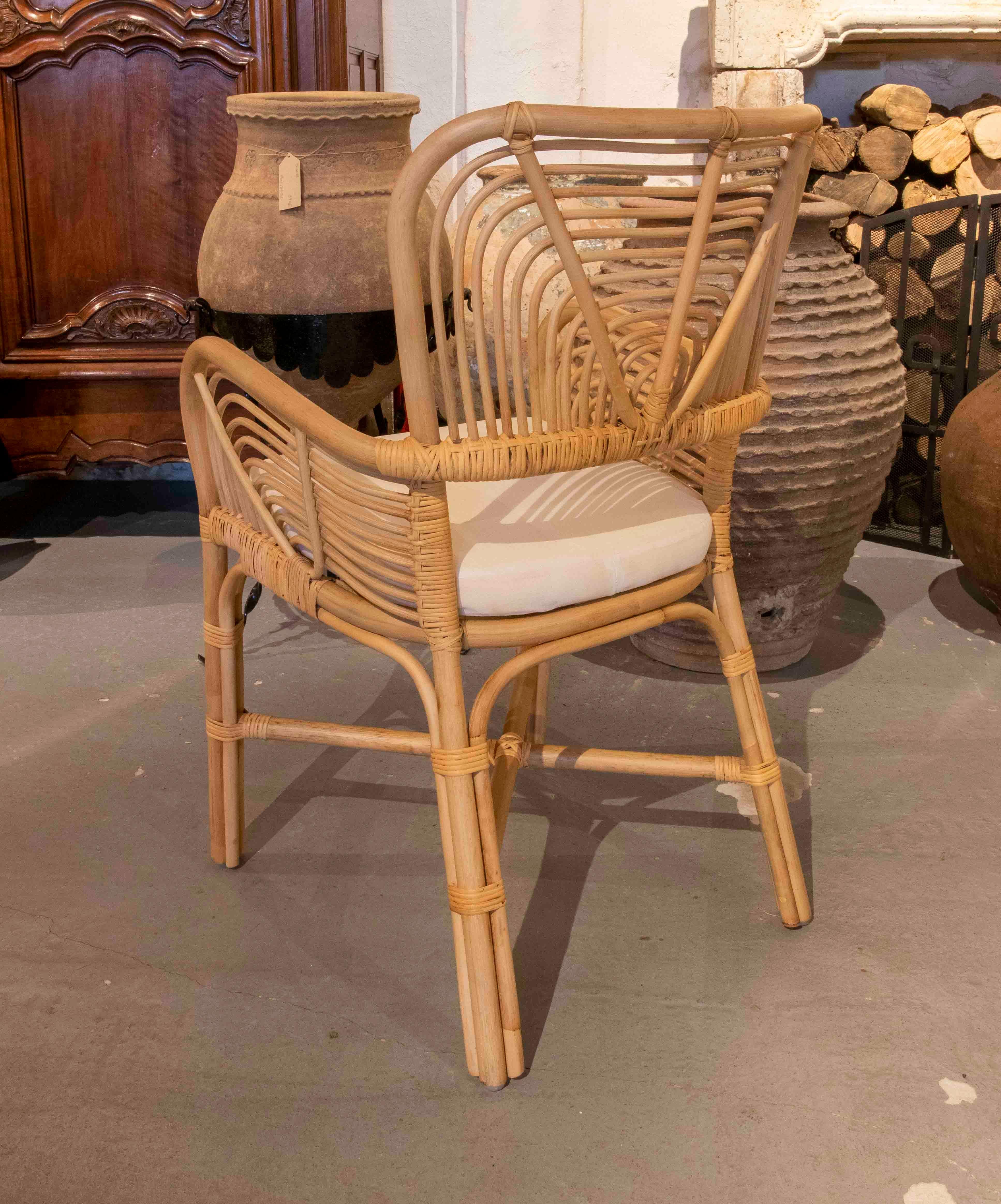 Set of Eight Wicker Armchairs with White Upholstered Seats For Sale 1