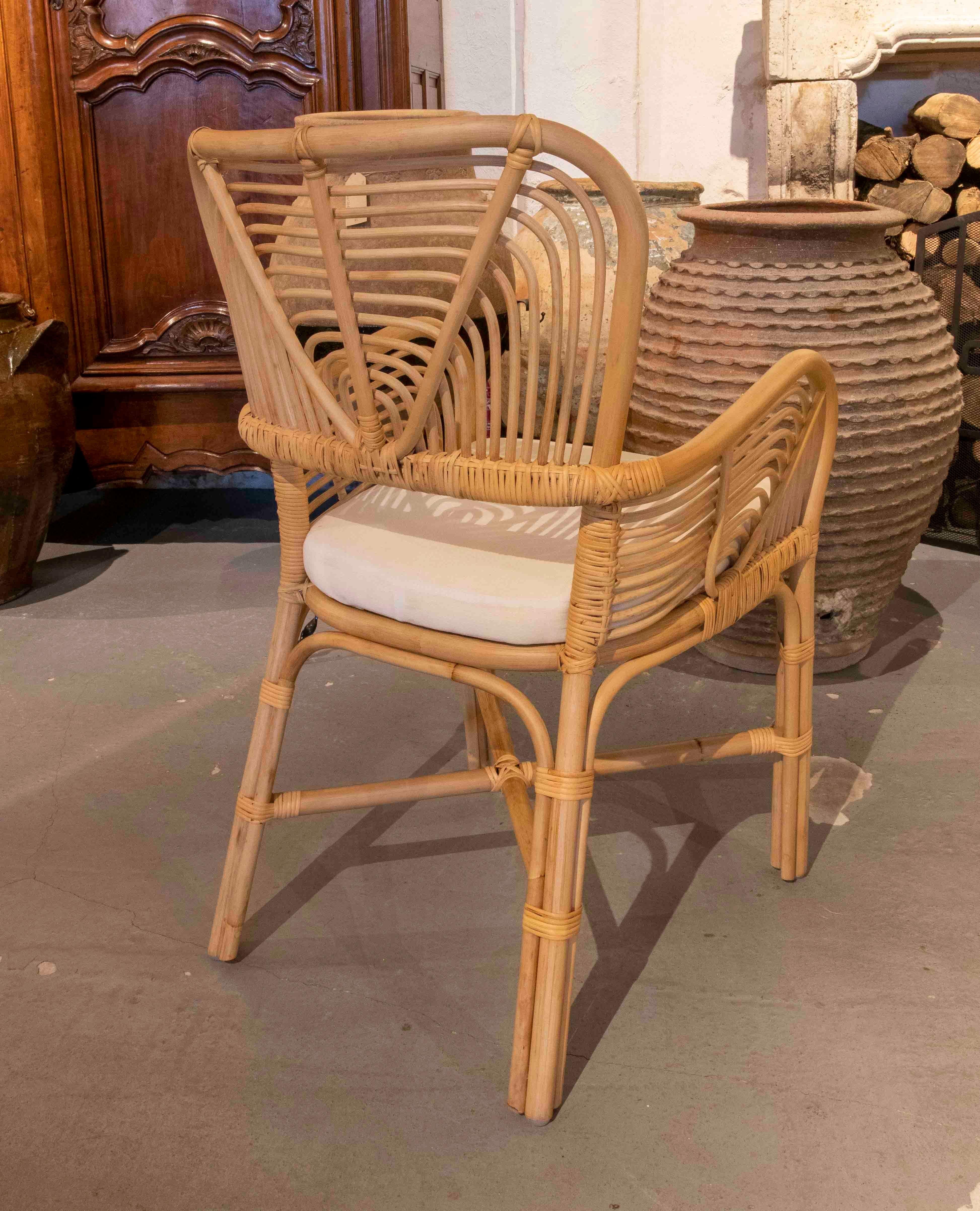 Set of Eight Wicker Armchairs with White Upholstered Seats For Sale 2