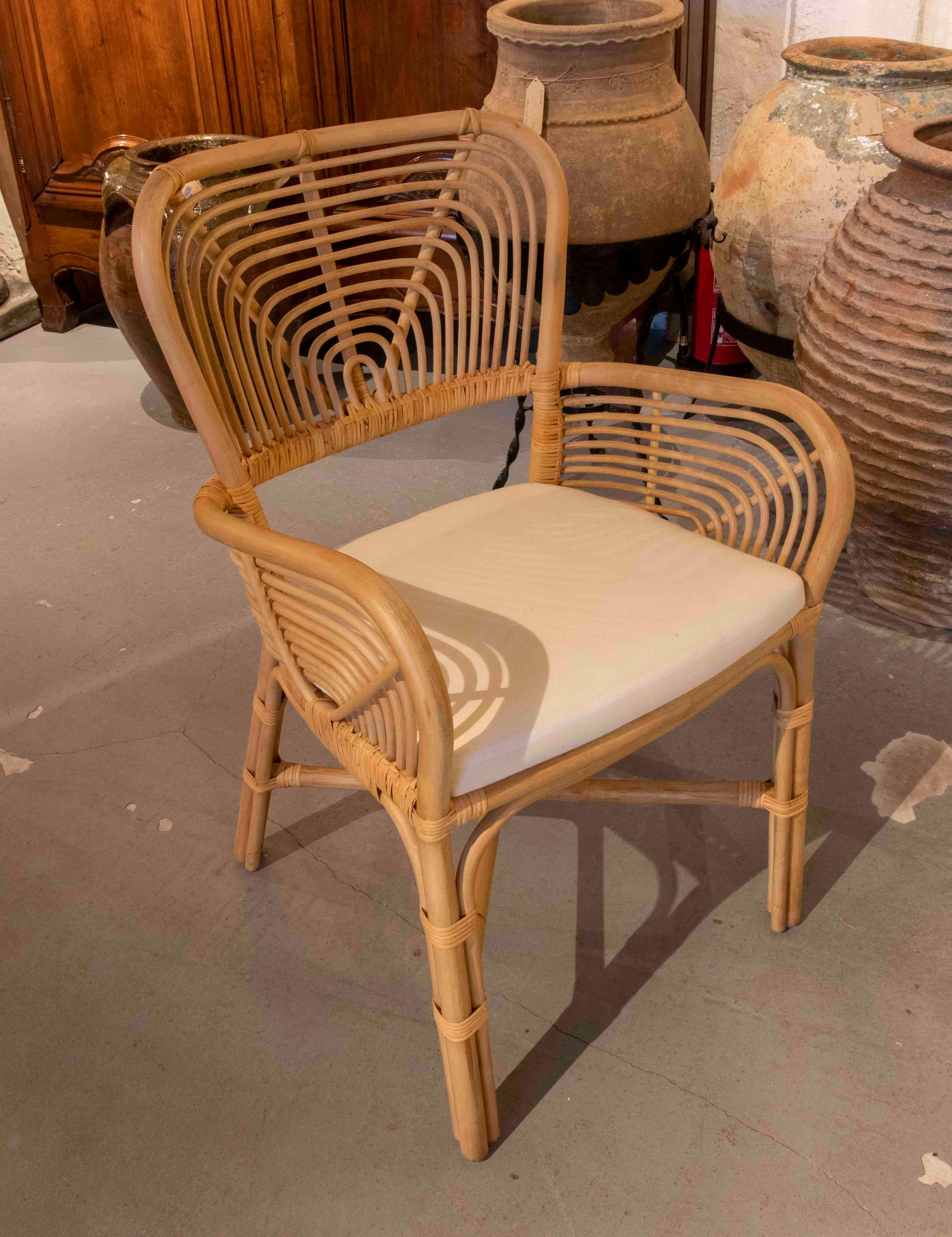 Set of Eight Wicker Armchairs with White Upholstered Seats For Sale 3