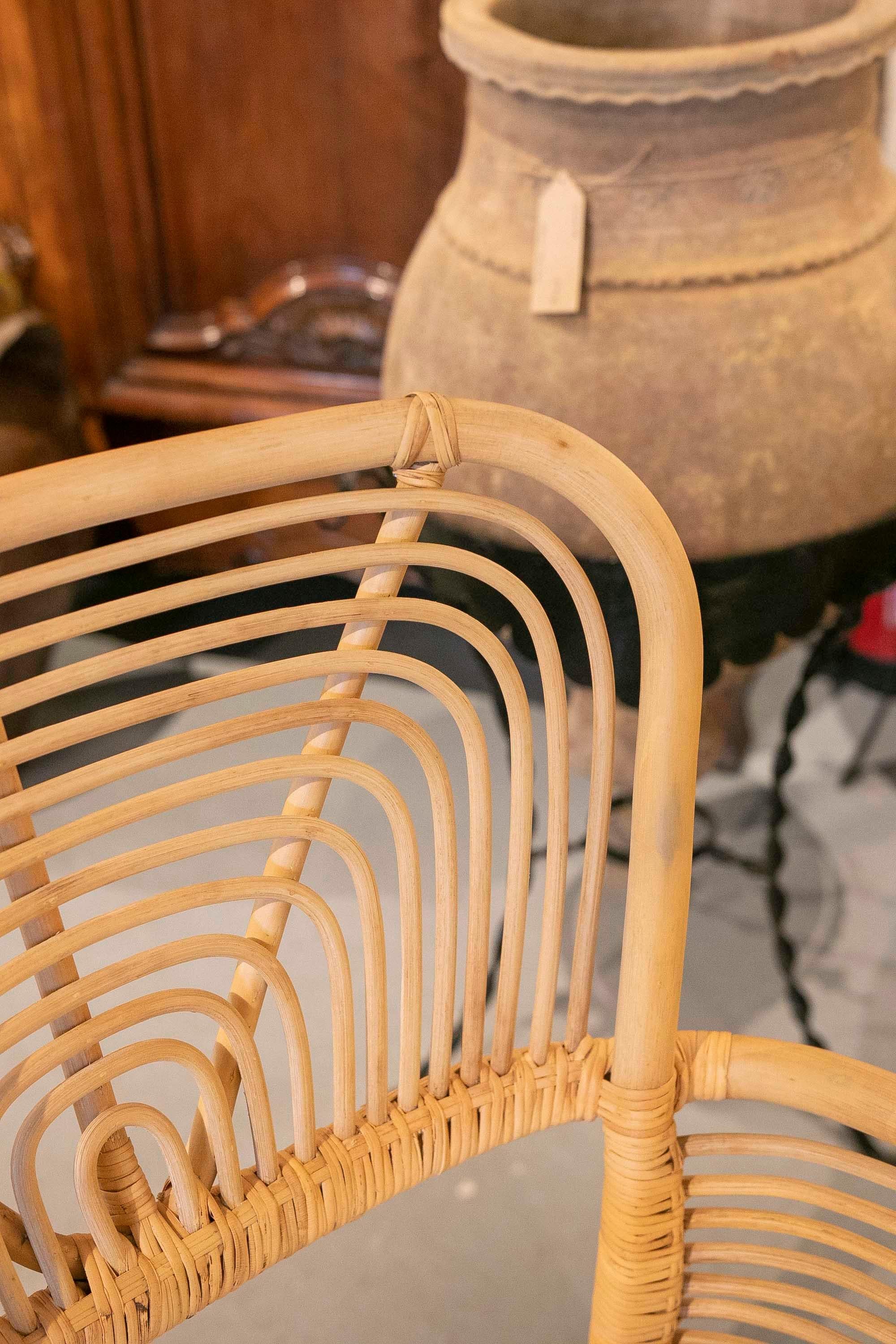 Set of Eight Wicker Armchairs with White Upholstered Seats For Sale 4