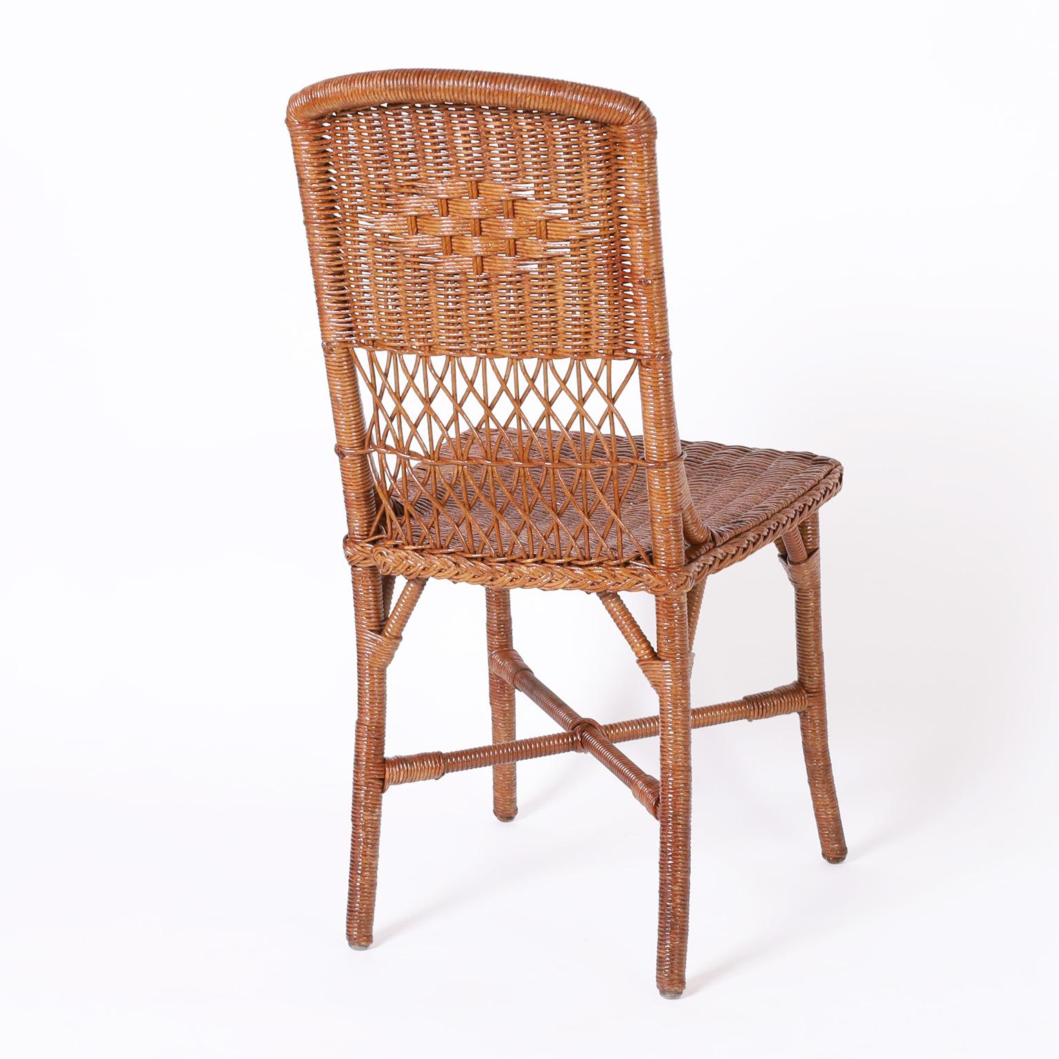 Country Set of Eight Wicker Dining Chairs For Sale