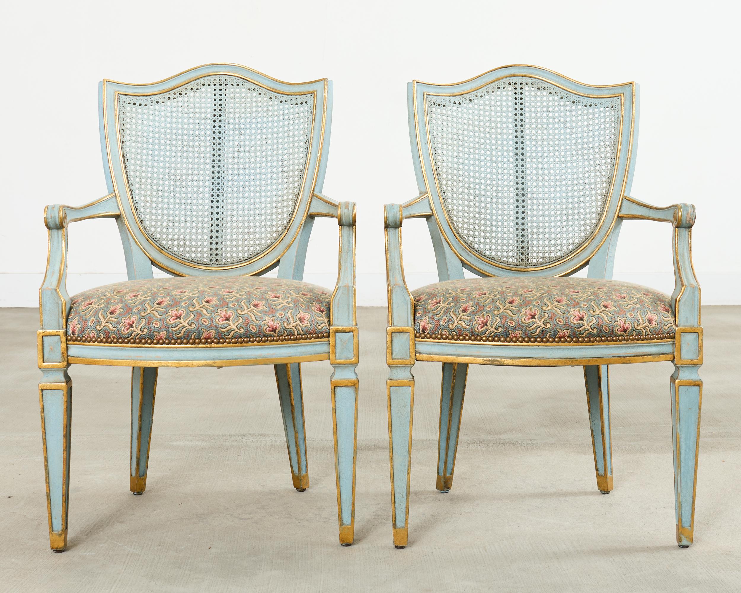 Brass Set of Eight William Switzer Louis XVI Shield Back Dining Chairs