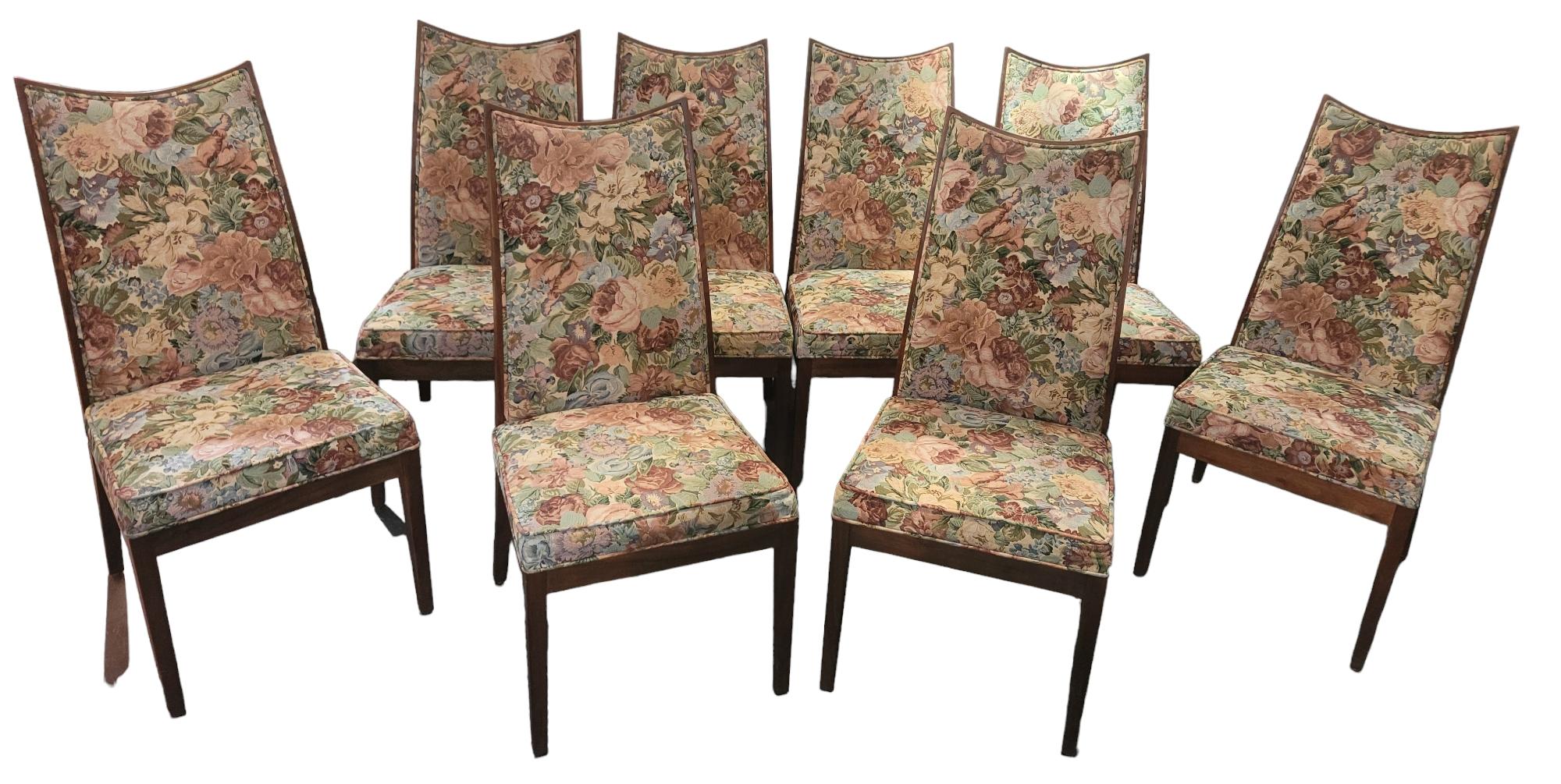 Mid-Century Modern Set of Eight Wood And Floral Chairs