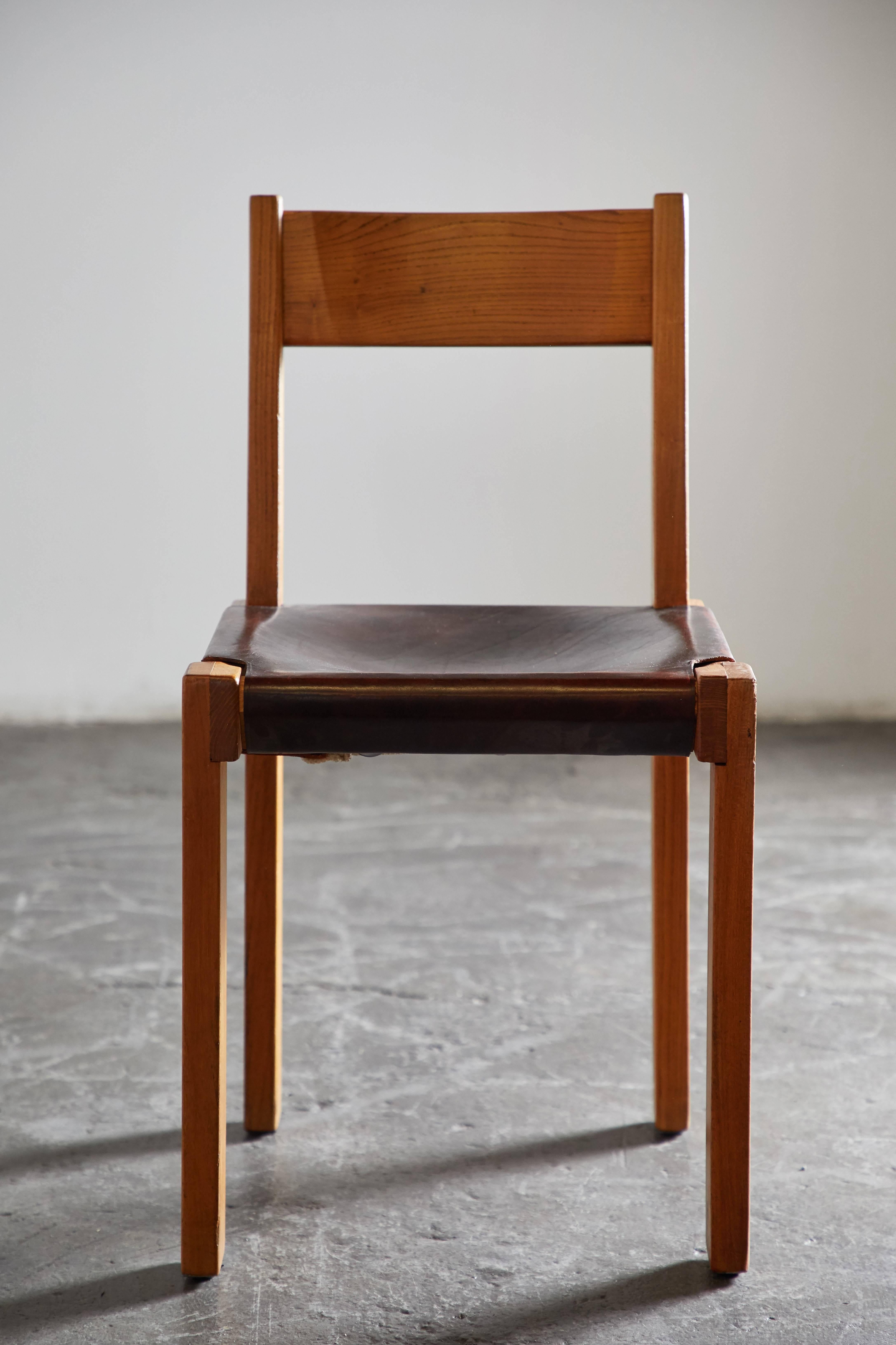 Set of Eight Wood and Leather Dining Chairs by Pierre Chapo 5