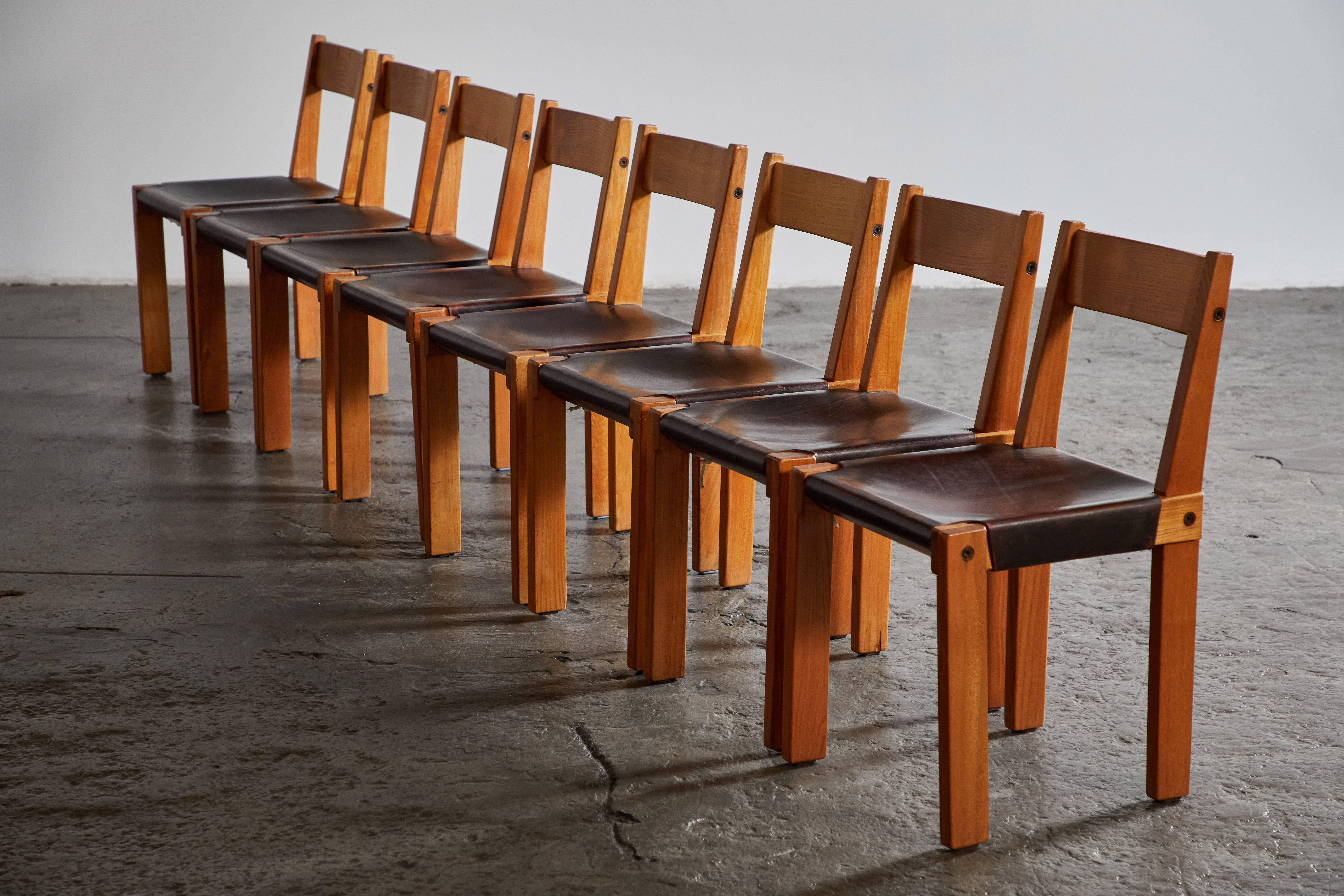 French Set of Eight Wood and Leather Dining Chairs by Pierre Chapo