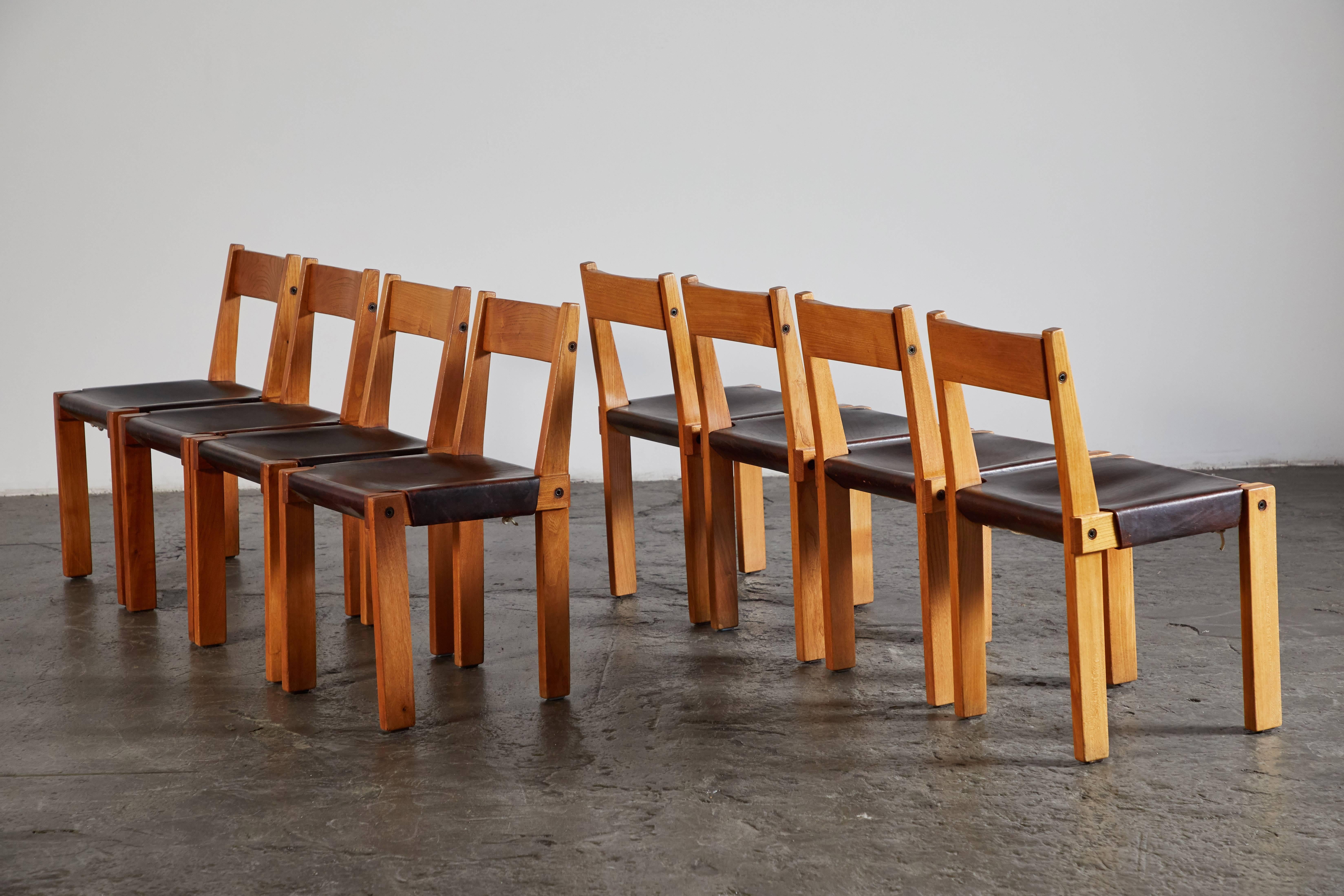 Set of Eight Wood and Leather Dining Chairs by Pierre Chapo In Excellent Condition In Los Angeles, CA