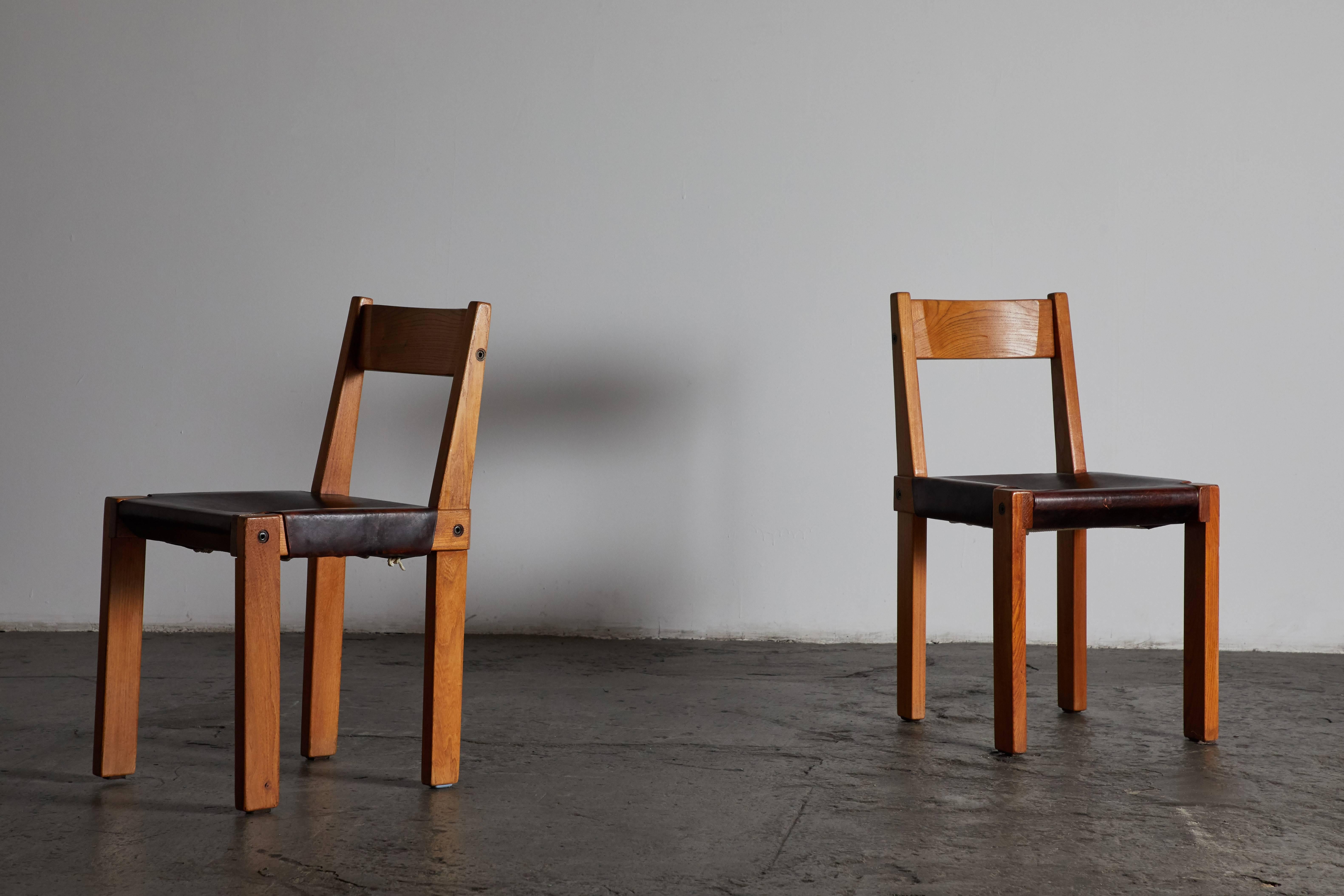 Set of Eight Wood and Leather Dining Chairs by Pierre Chapo 1