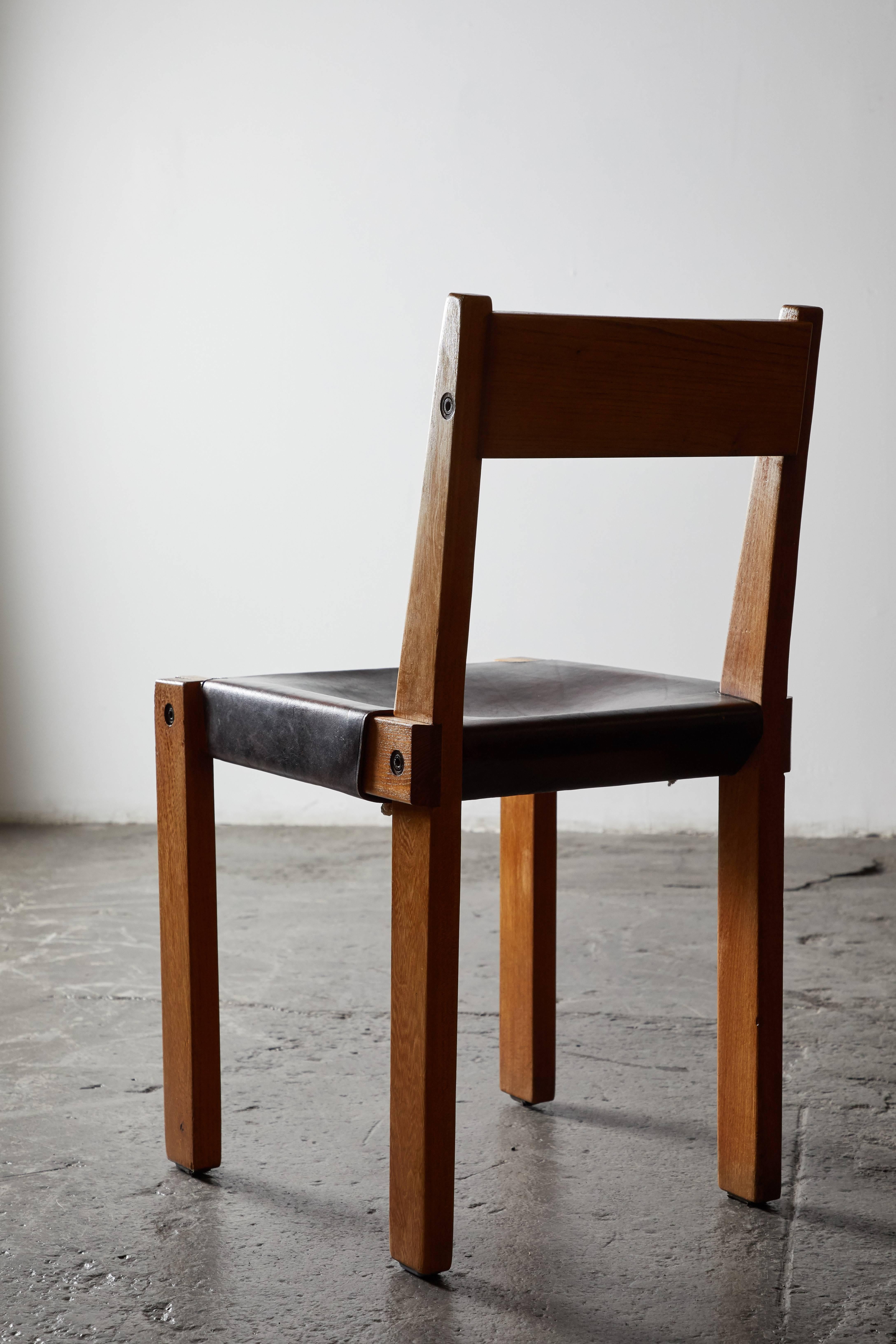 Set of Eight Wood and Leather Dining Chairs by Pierre Chapo 3