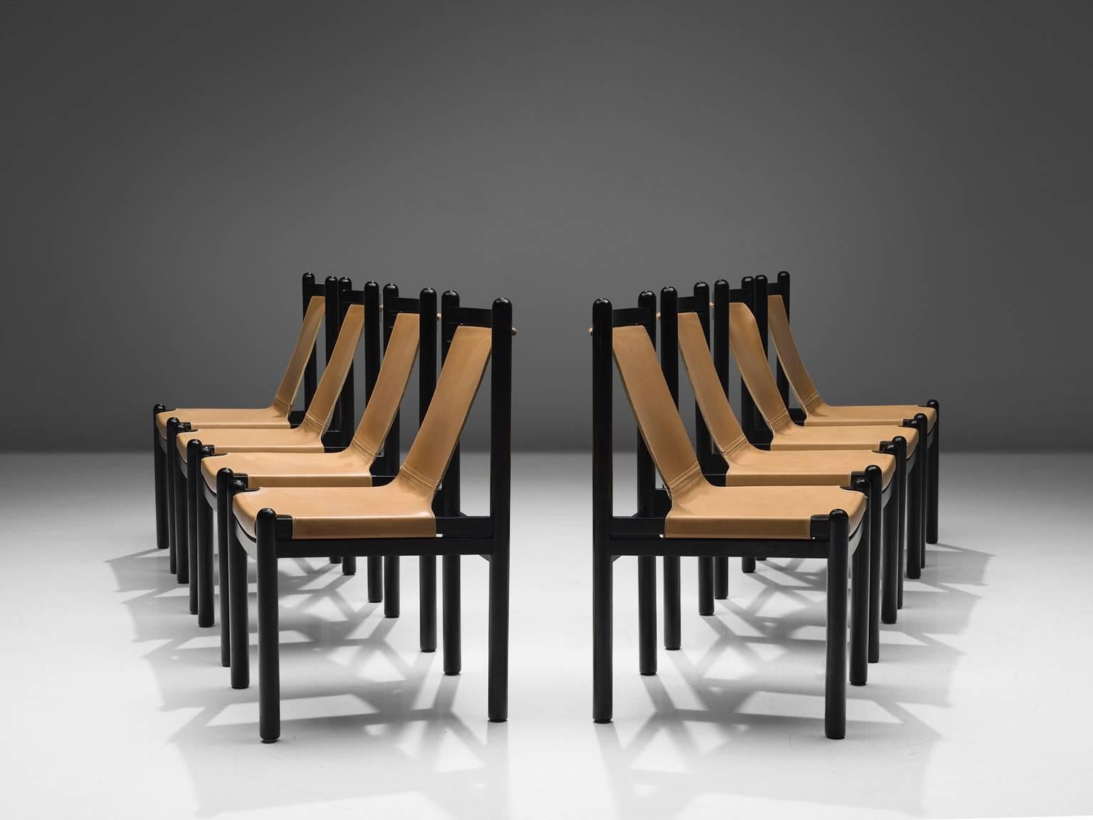 Mid-Century Modern Set of Eight Wood and Leather Dining Chairs, 1950s