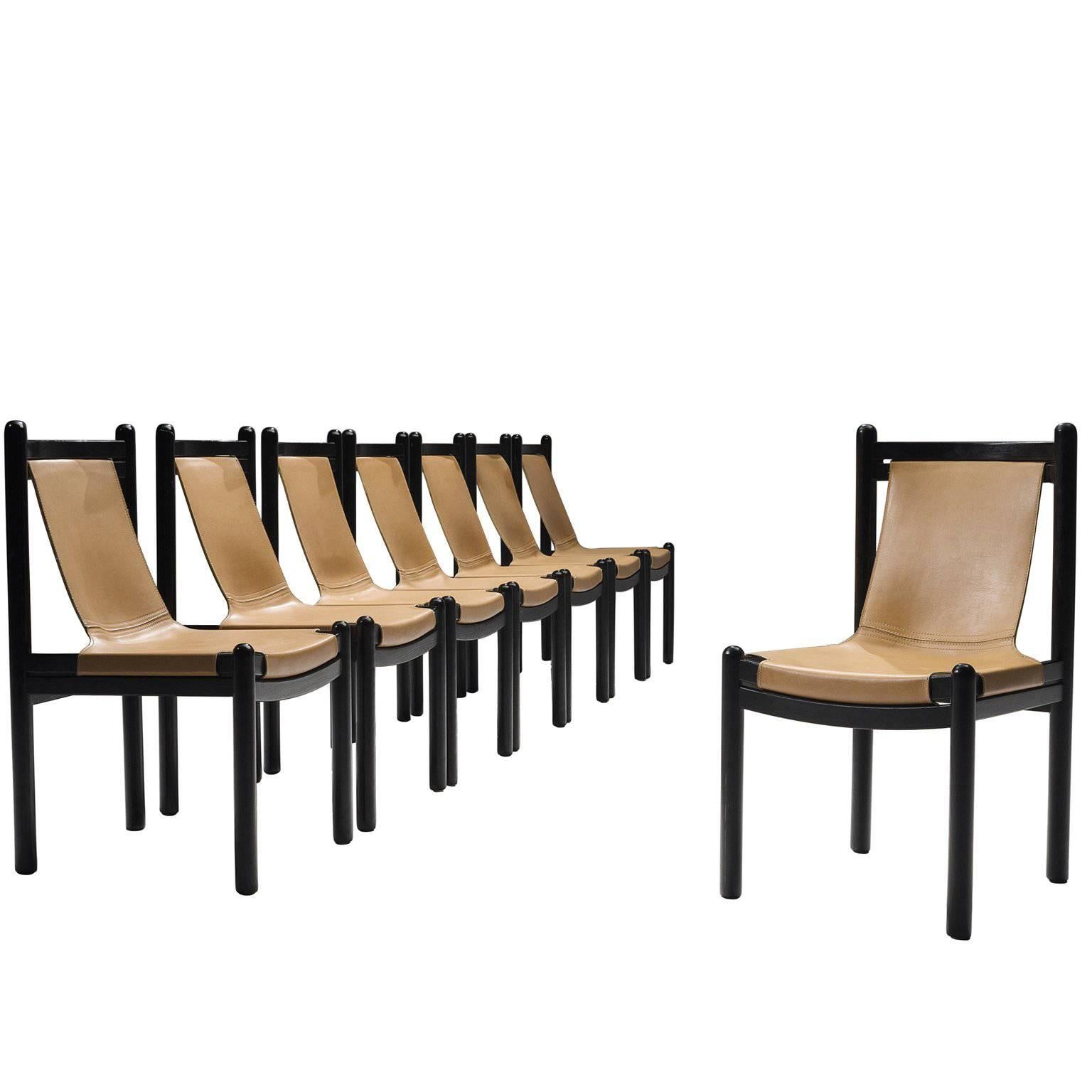 Set of Eight Wood and Leather Dining Chairs, 1950s