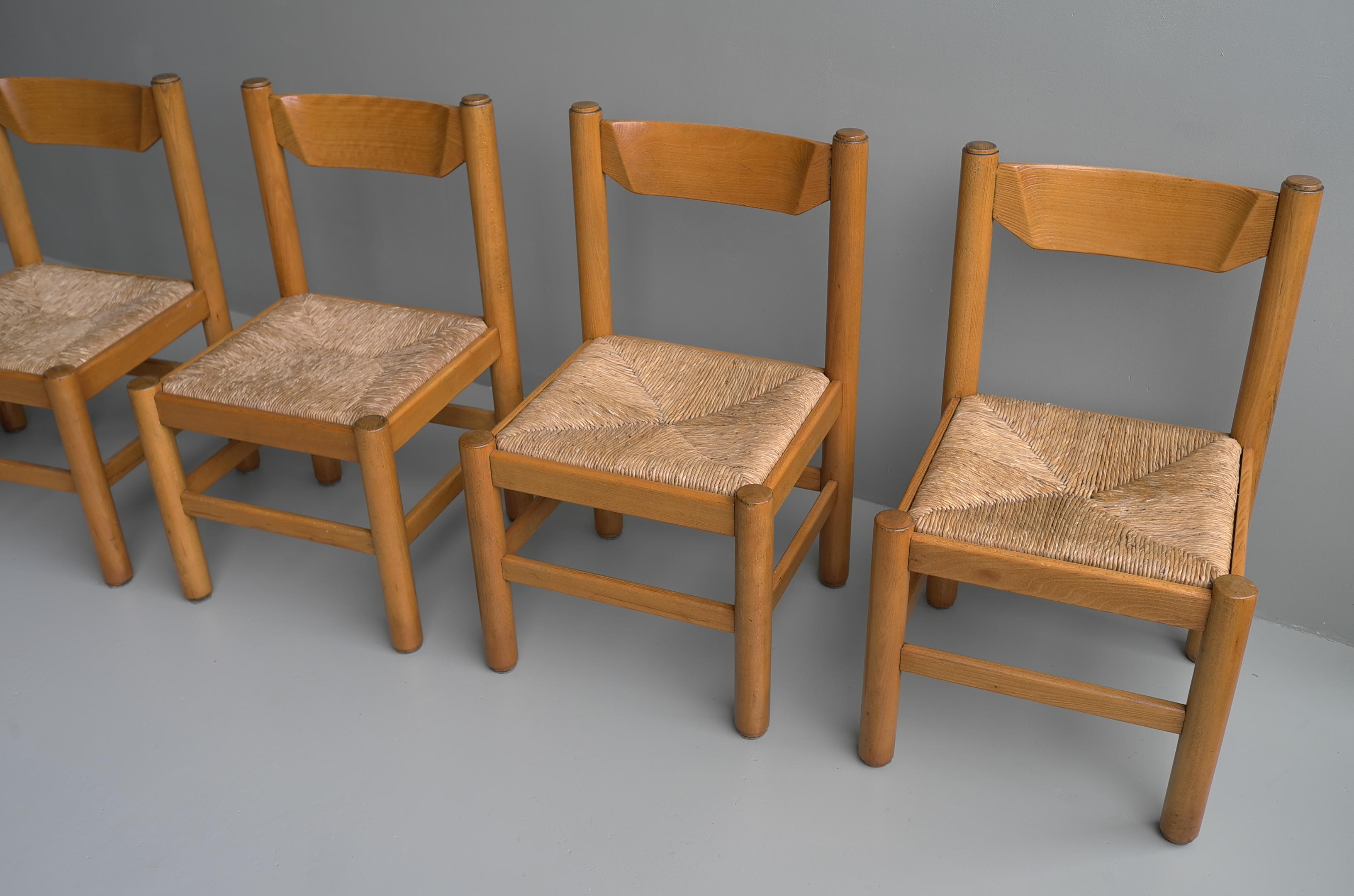 Set of Eight Wood and Rush Chairs in Style of Charlotte Perriand, France, 1960 4
