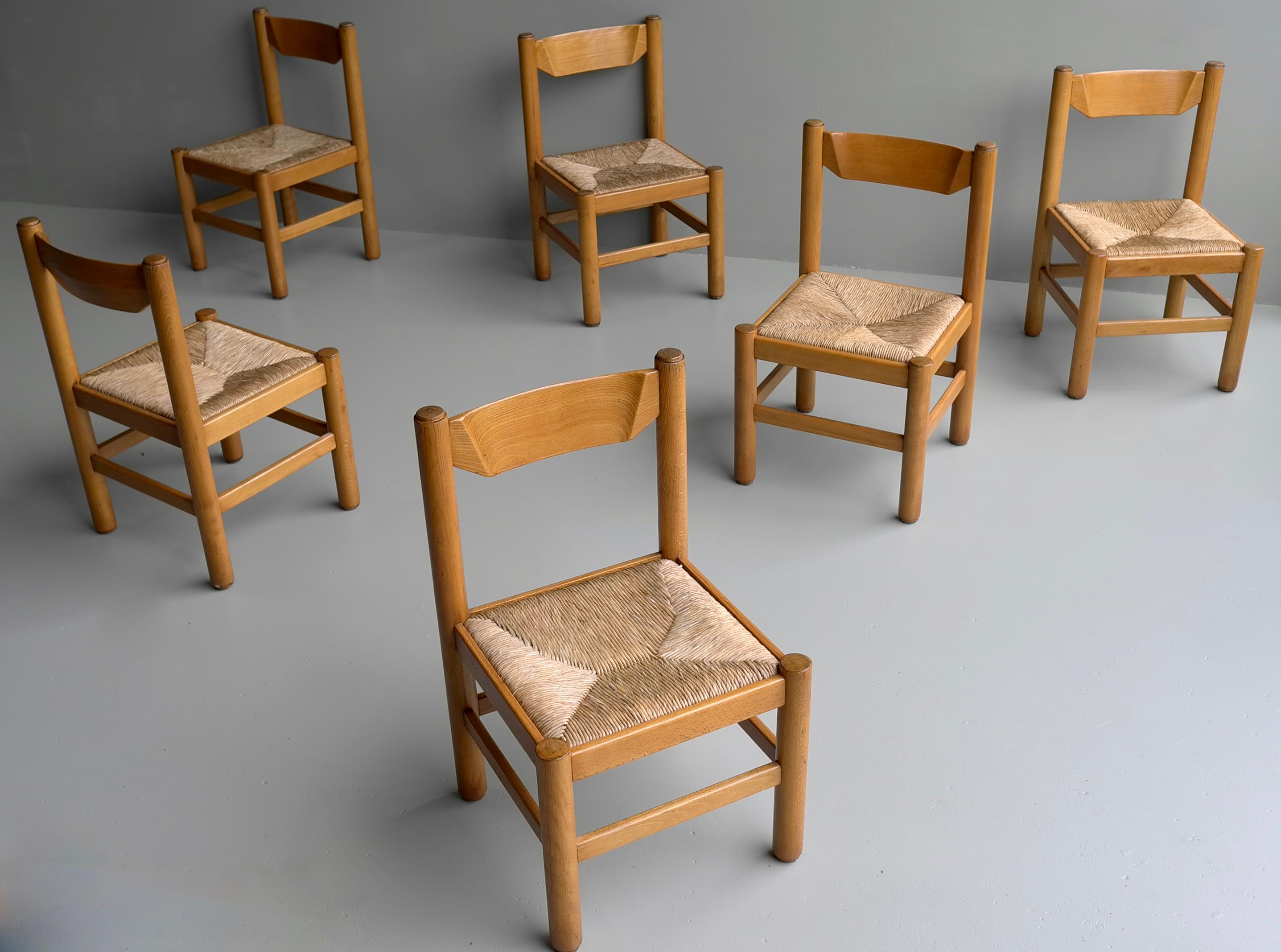 Mid-Century Modern Set of Eight Wood and Rush Chairs in Style of Charlotte Perriand, France, 1960