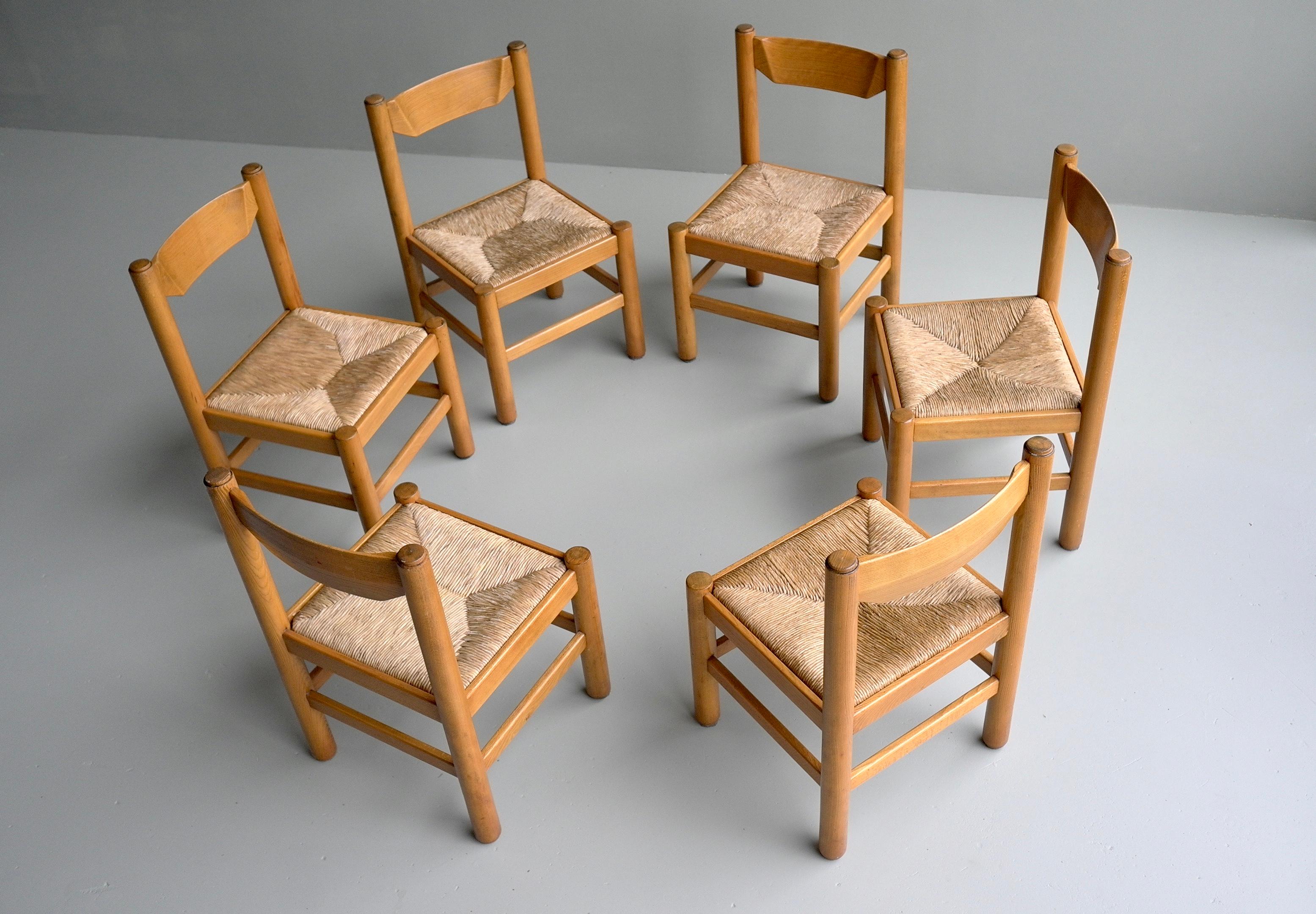 French Set of Eight Wood and Rush Chairs in Style of Charlotte Perriand, France, 1960