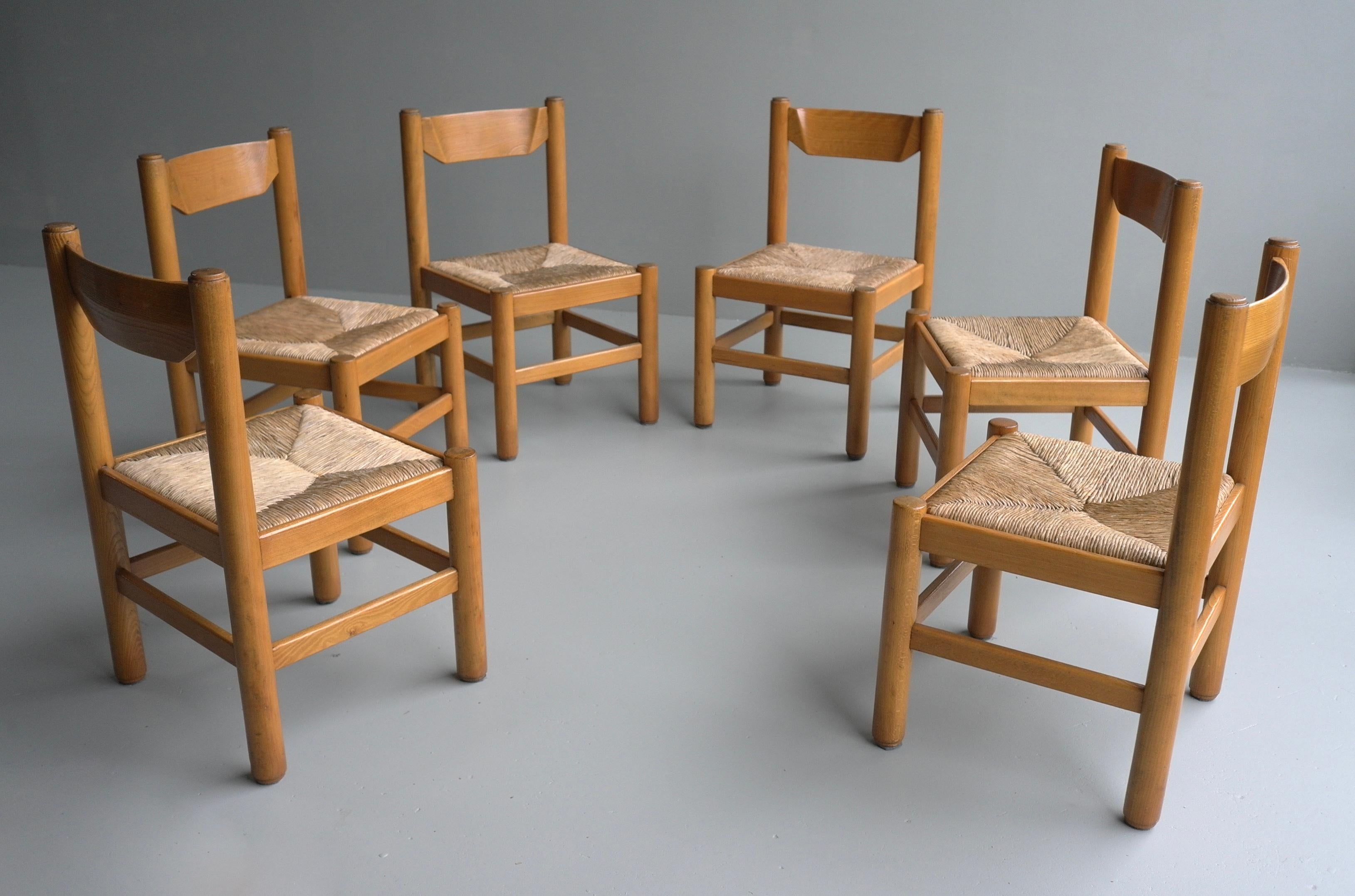 Set of Eight Wood and Rush Chairs in Style of Charlotte Perriand, France, 1960 1