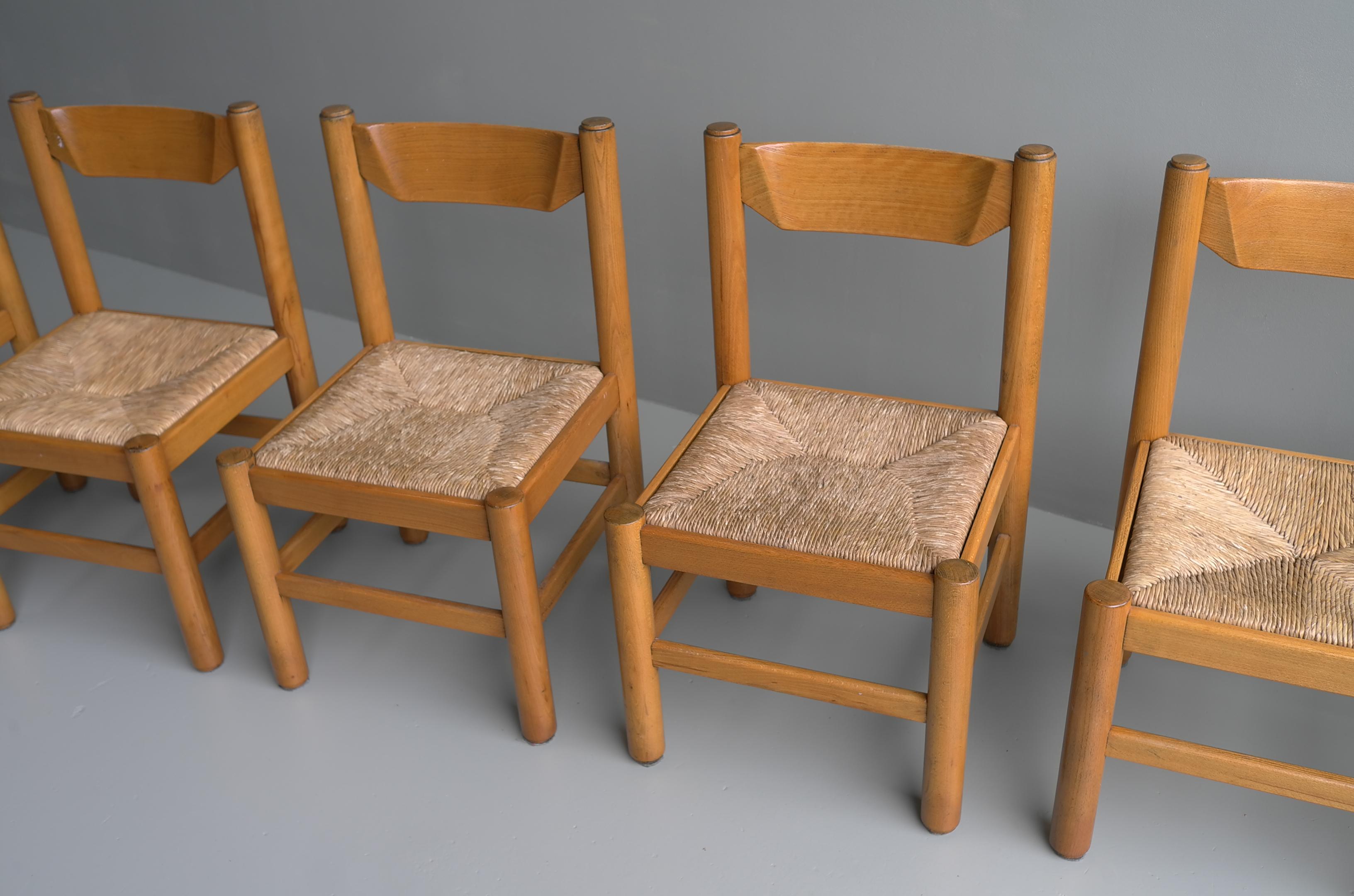 Set of Eight Wood and Rush Chairs in Style of Charlotte Perriand, France, 1960 2