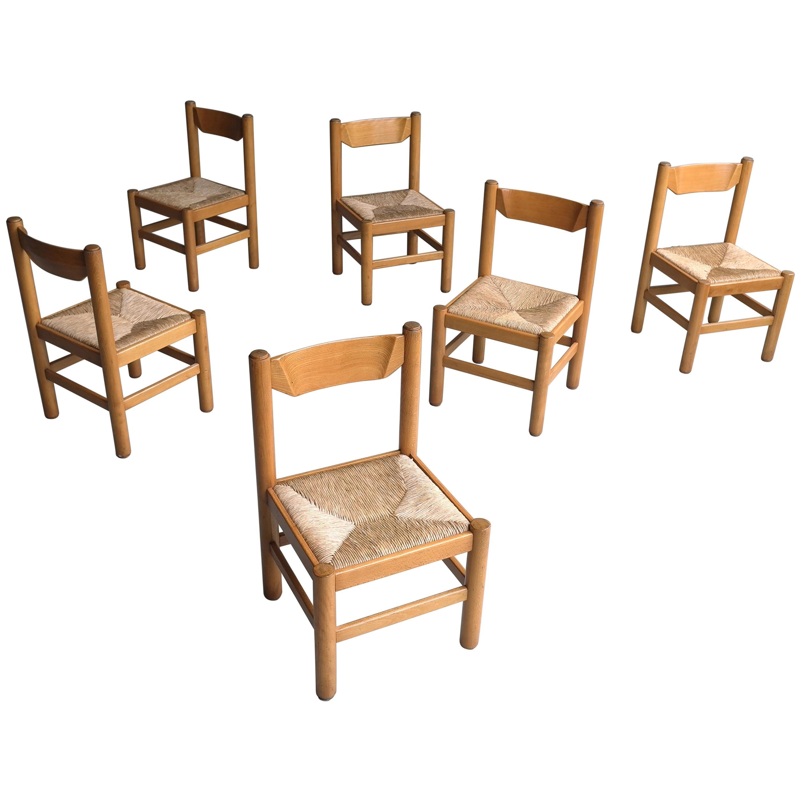 Set of Eight Wood and Rush Chairs in Style of Charlotte Perriand, France, 1960