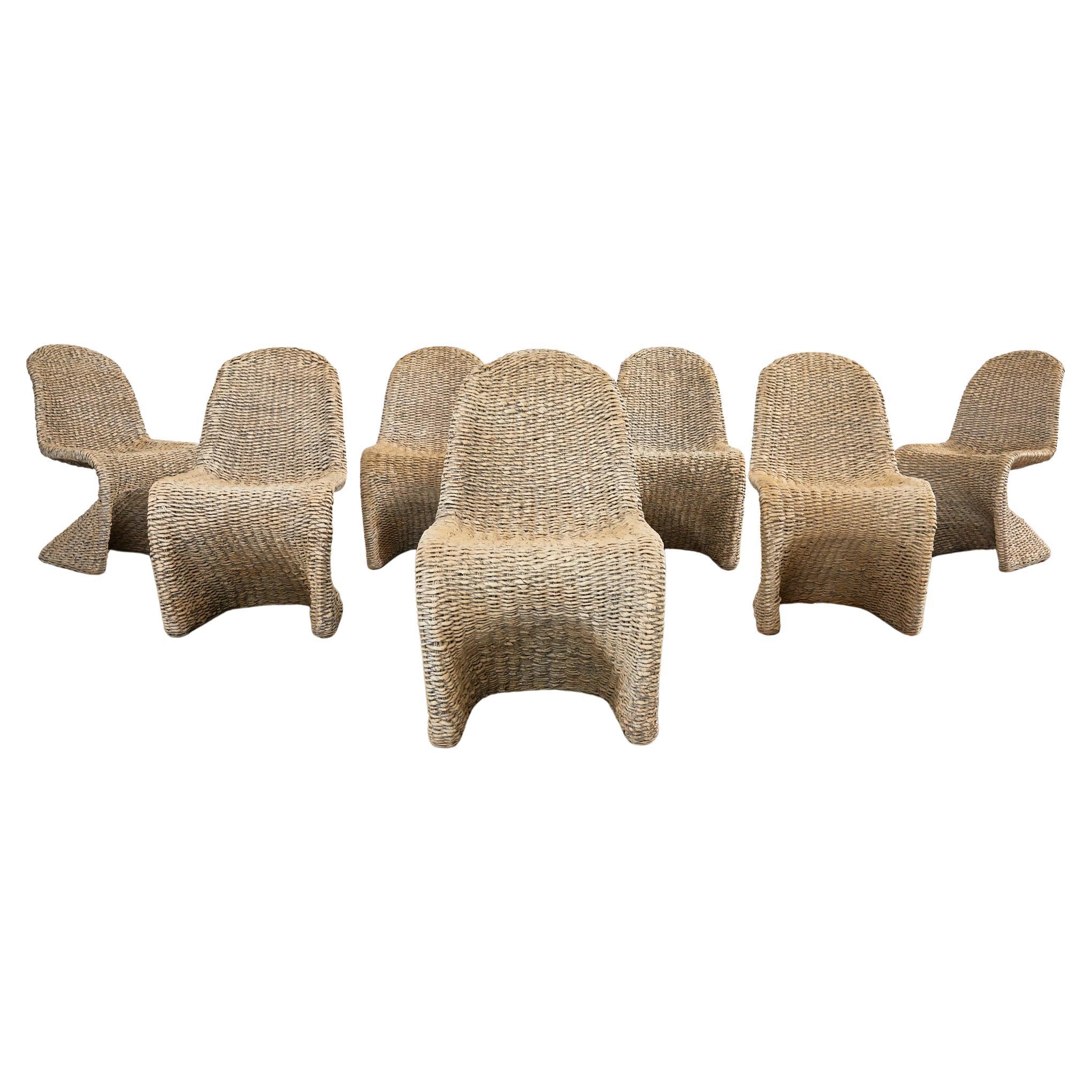 Set of Eight Woven Wicker Panton Style Cantilever Dining Chairs For Sale