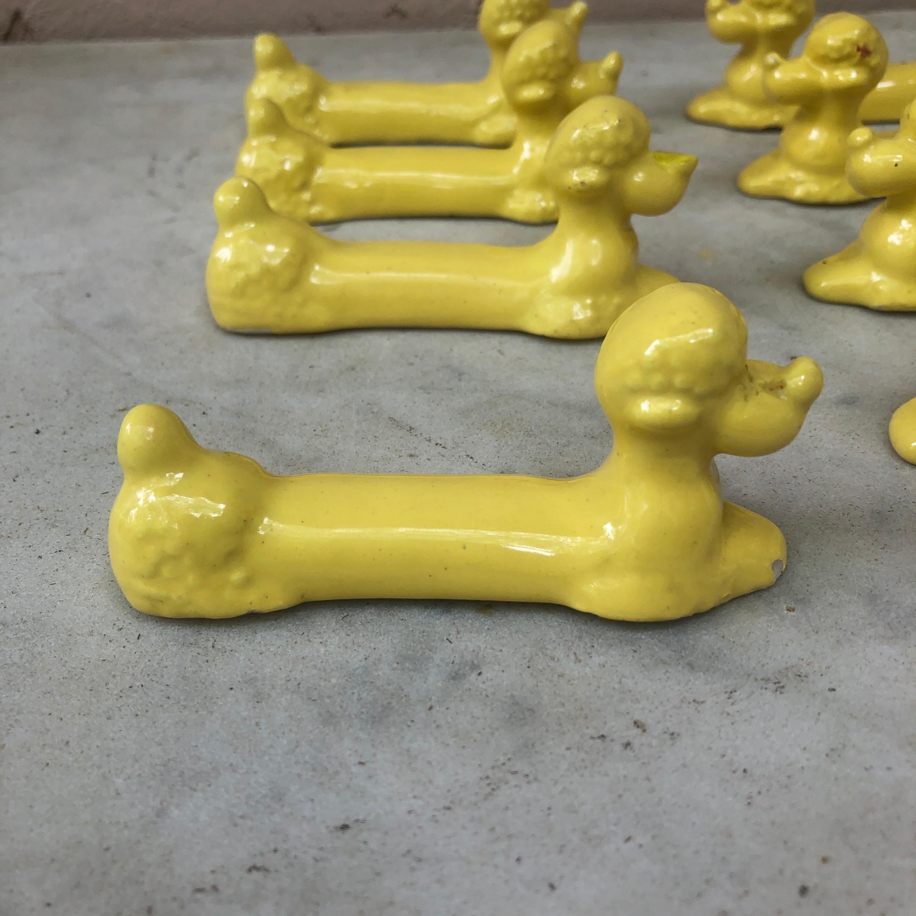 Mid-Century Modern Set of Eight Yellow Majolica Poodle Knife Rests Vallauris, circa 1950 For Sale