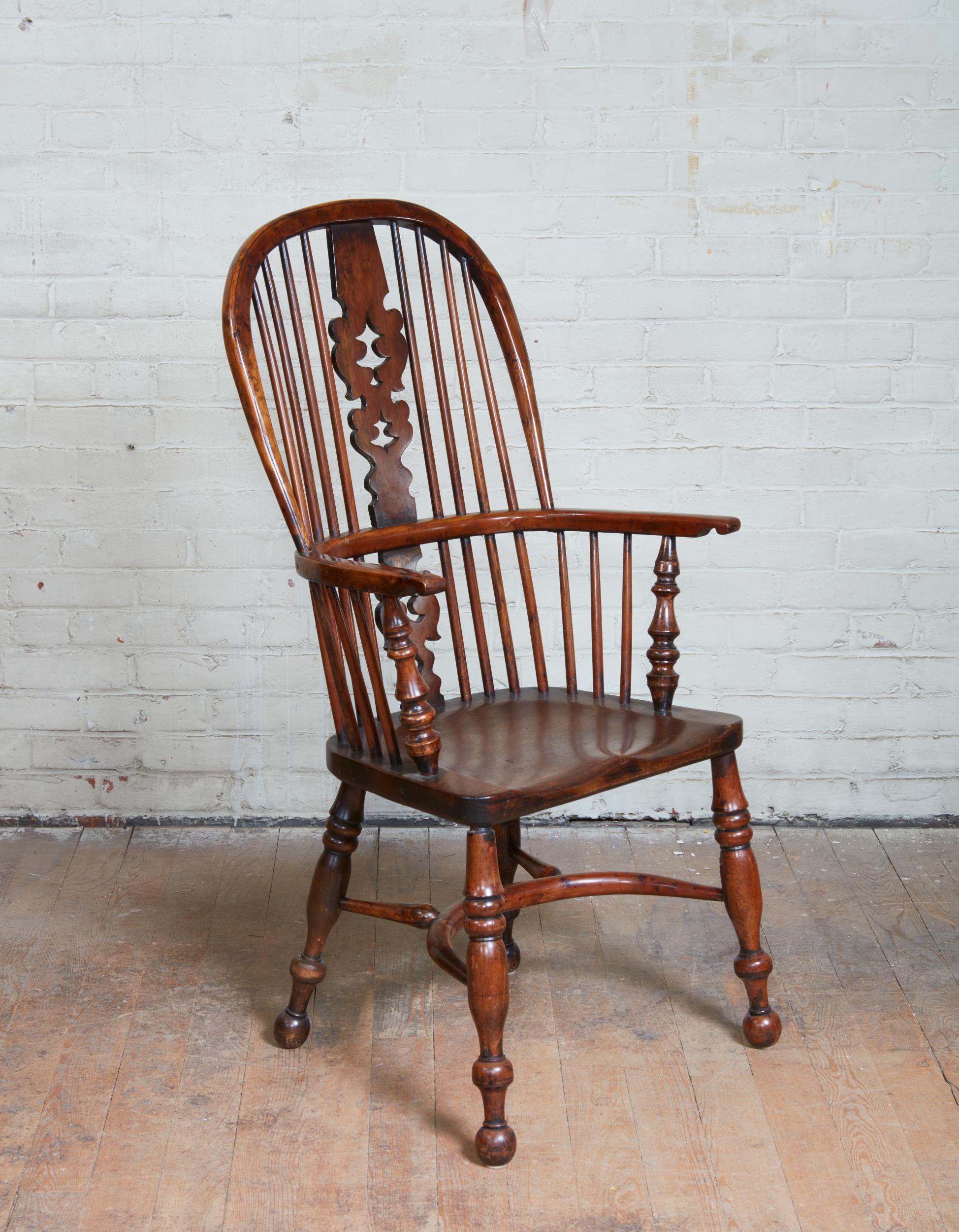 Good set of eight English yew wood Windsor hoop back chairs, comprising two high back and six low back examples, all with 