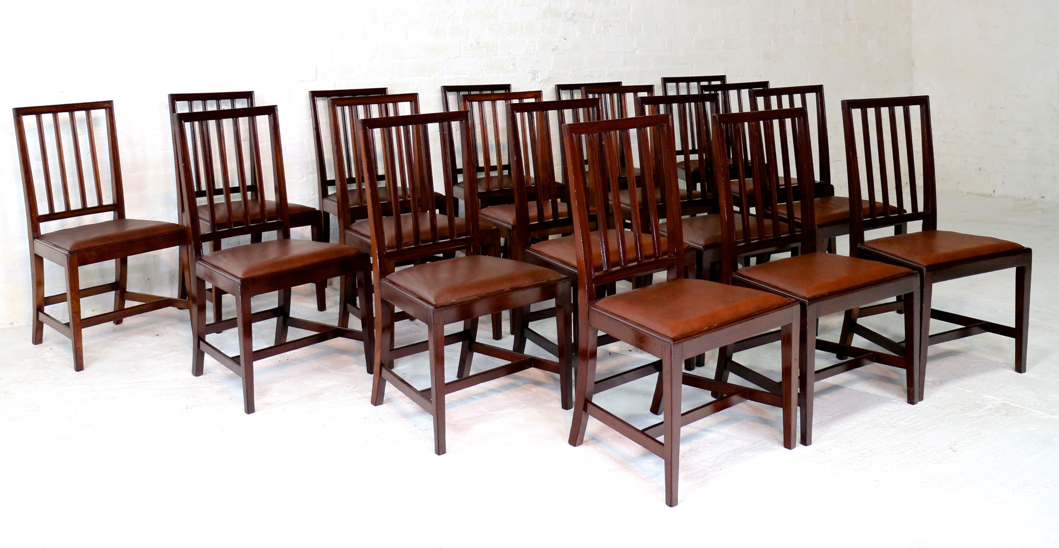 A rare set of eighteen 19th century mahogany square back dining chairs attributed to Gillows of Lancaster. Similar to Scottish brander-back dining chairs each has a square moulded back with four splats and on square tapering legs which are