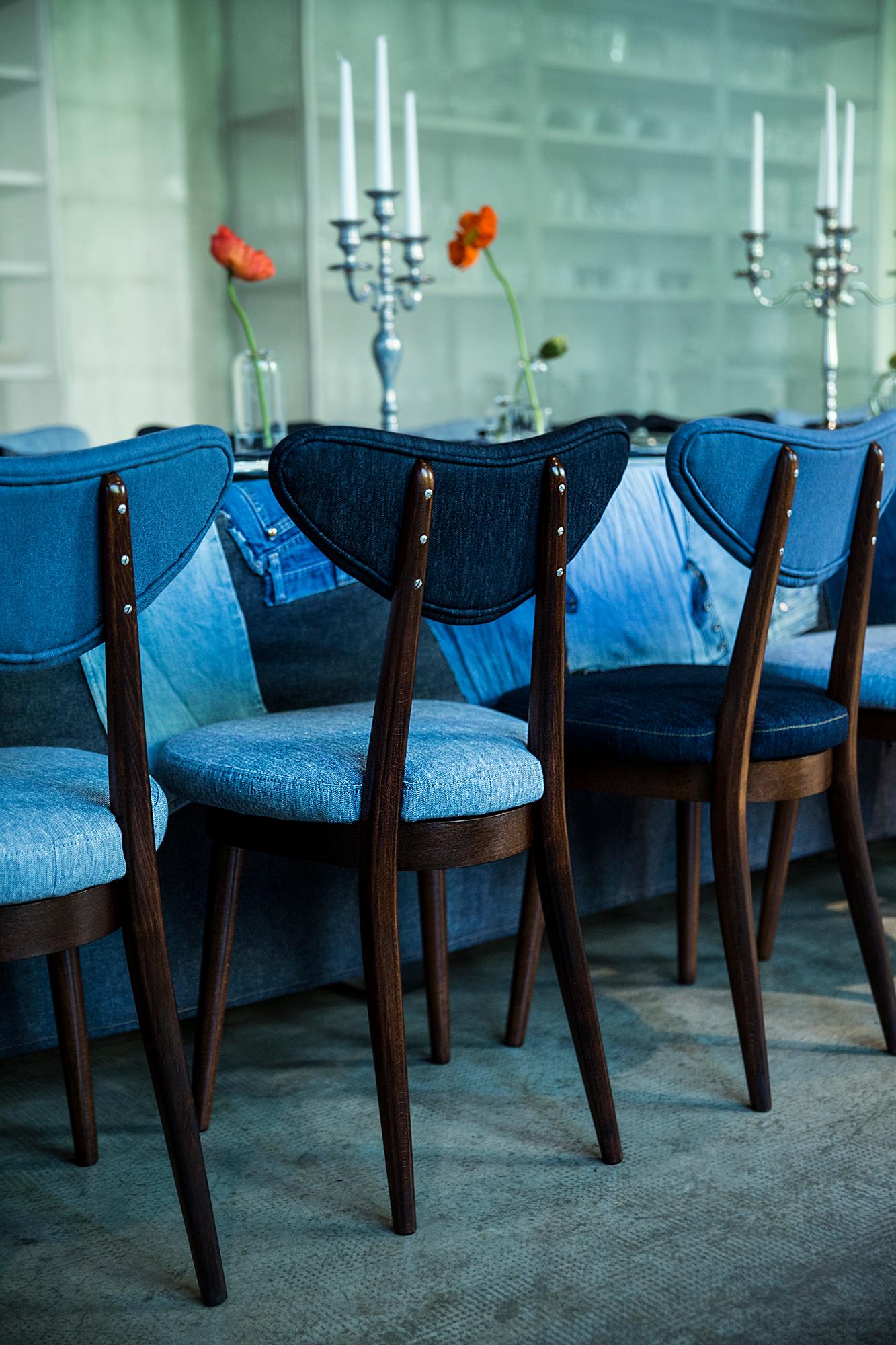Hand-Crafted Set of Eighty-Six Midcentury Mixed Blue Denim Heart Chairs, Europe, 1960s For Sale