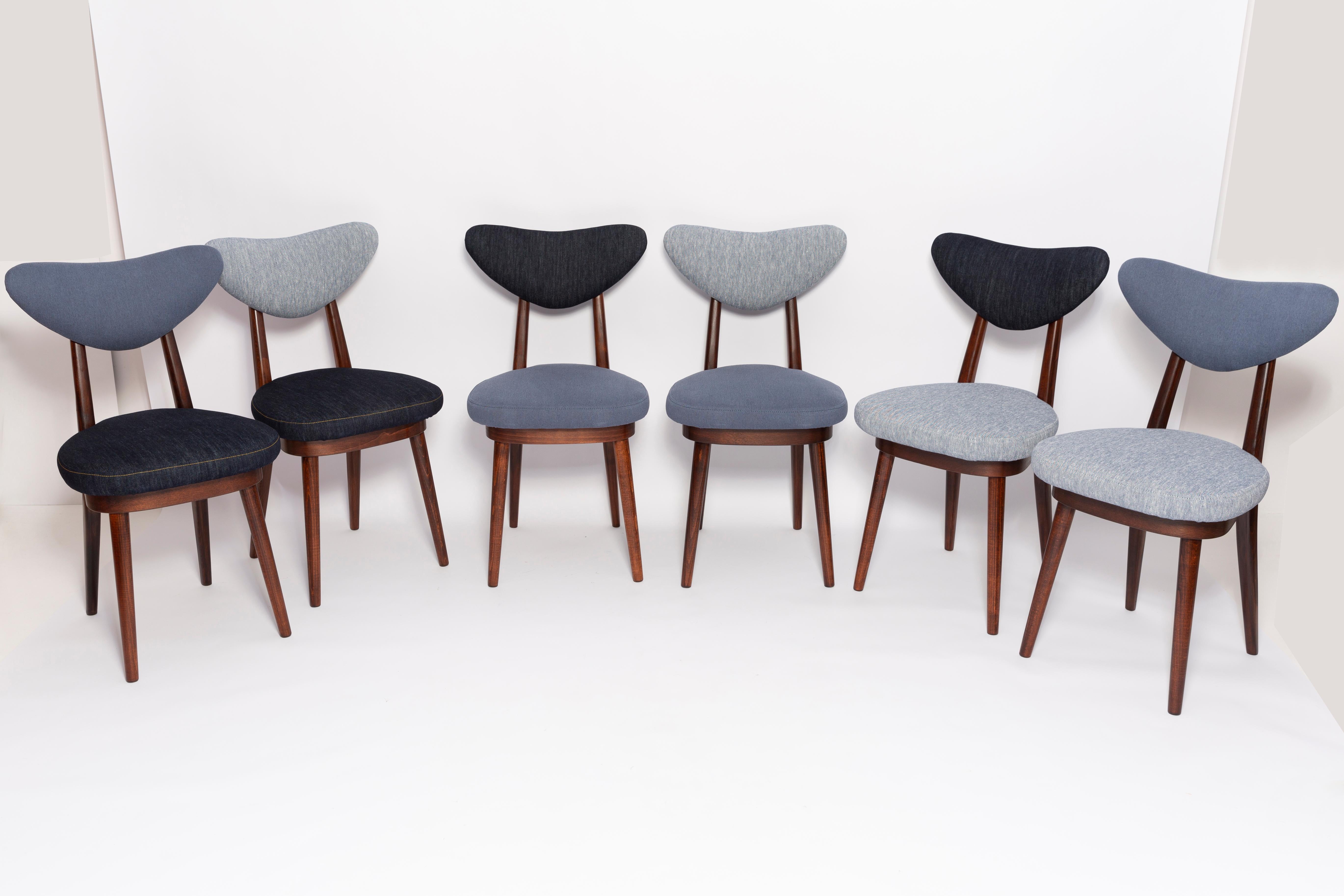 Velvet Set of Eighty-Six Midcentury Mixed Blue Denim Heart Chairs, Europe, 1960s For Sale