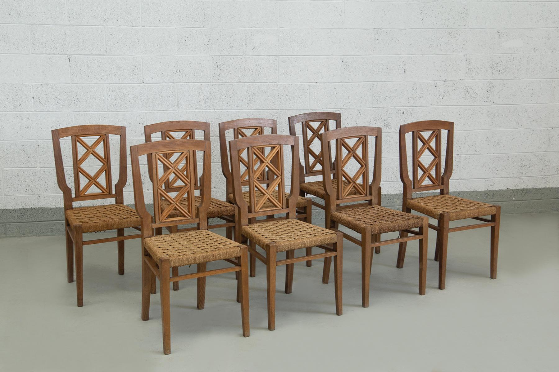 Mid-20th Century Set of eigth italian dining chairs by Paolo Buffa attr. in rope en vente