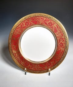 Set Rare Eleven (11) Minton Red Porcelain Ball Dinner Plates w/ Gold Borders
