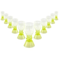 Set of Eleven 18th Century Dutch Wine Glasses "Roemers" Yellow / Green Feet